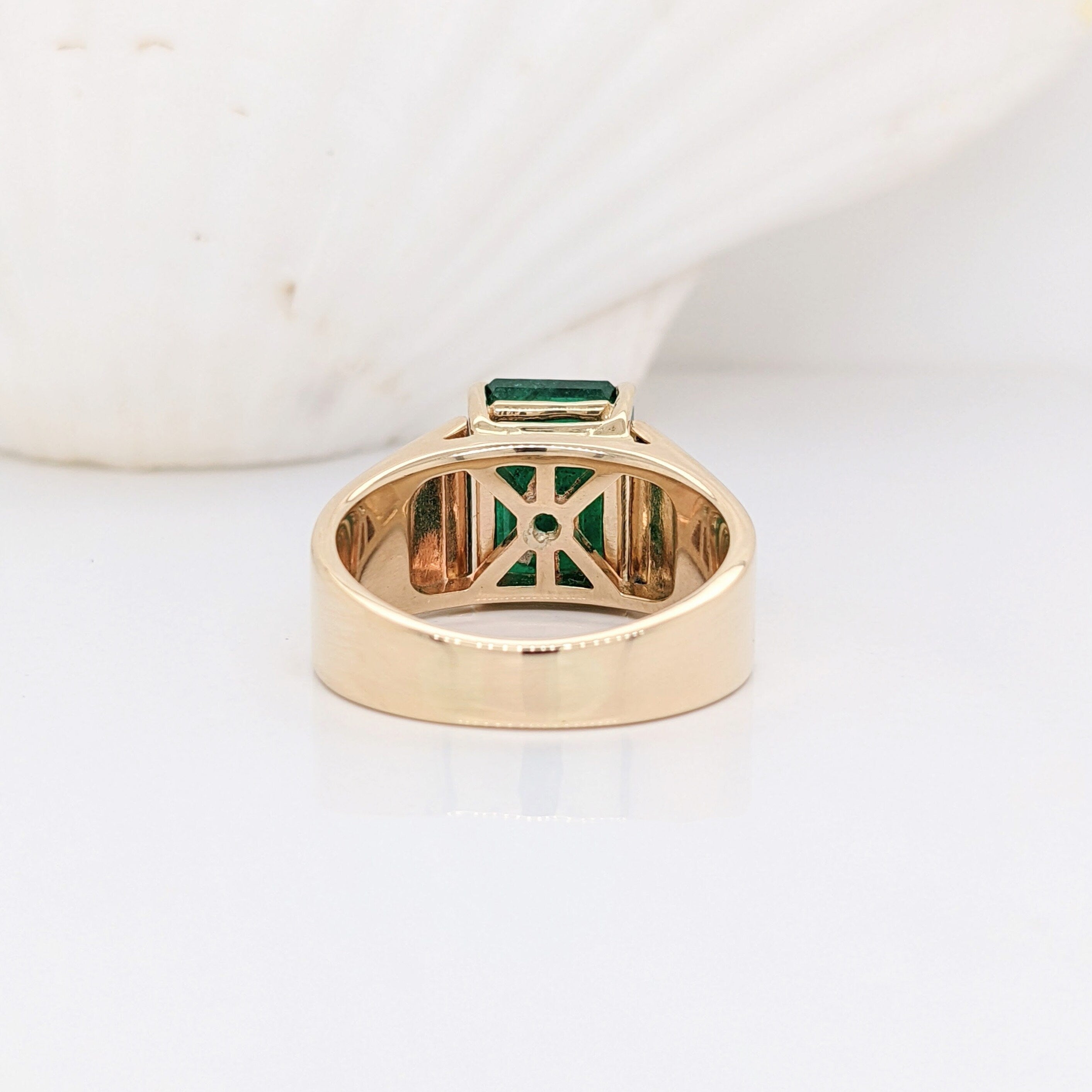 Natural Emerald Cigar Band Ring in 14K Yellow Gold | Emerald Cut 10x8mm | Emerald Ring | May Birthstone | Masculine Ring | Wide Band