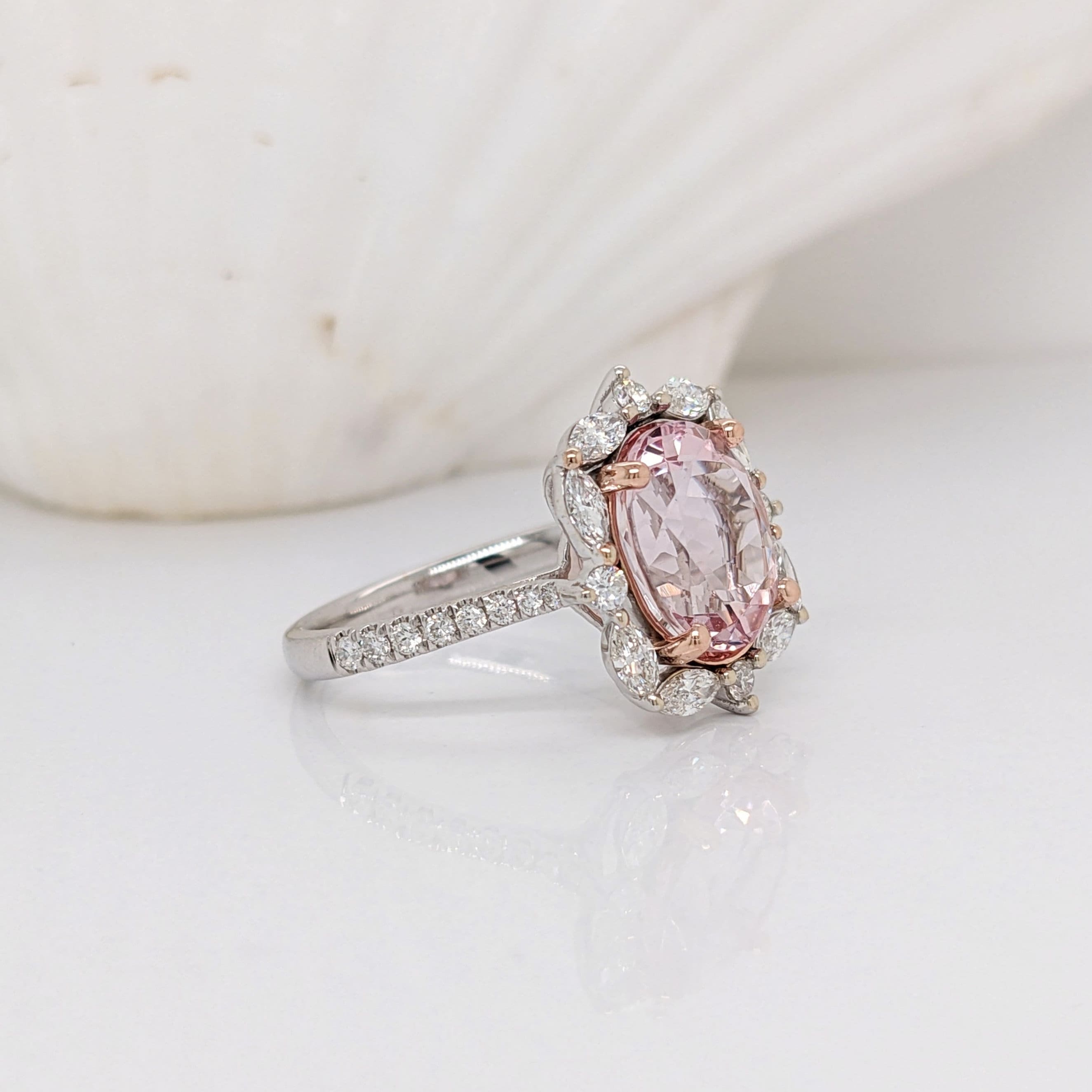 Glam Pink Morganite Ring in Solid 14K Dual White/Rose Gold w Natural Diamond Accents | Oval Cut 11x9mm | Prong Setting | Pink Gemstone