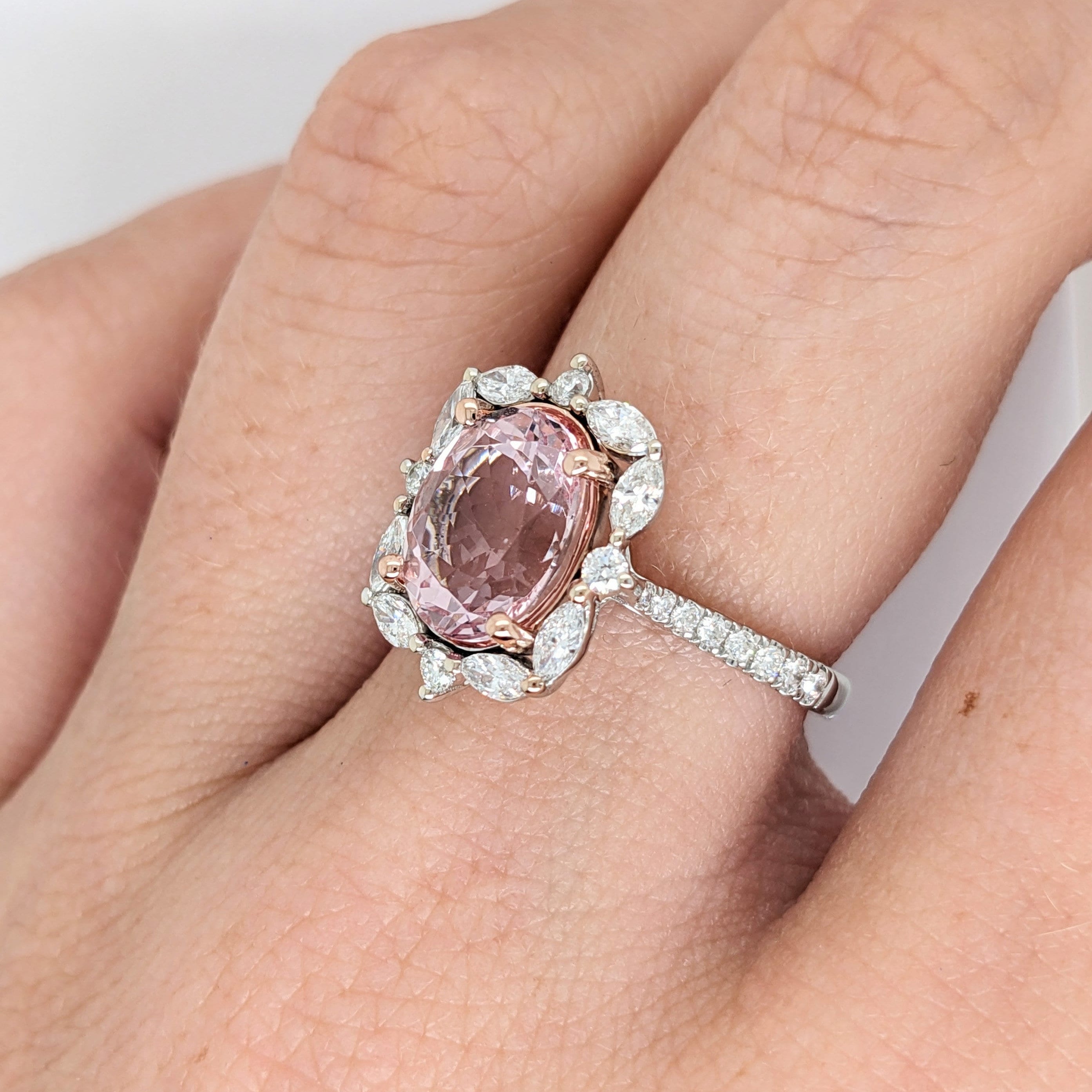 Glam Pink Morganite Ring in Solid 14K Dual White/Rose Gold w Natural Diamond Accents | Oval Cut 11x9mm | Prong Setting | Pink Gemstone