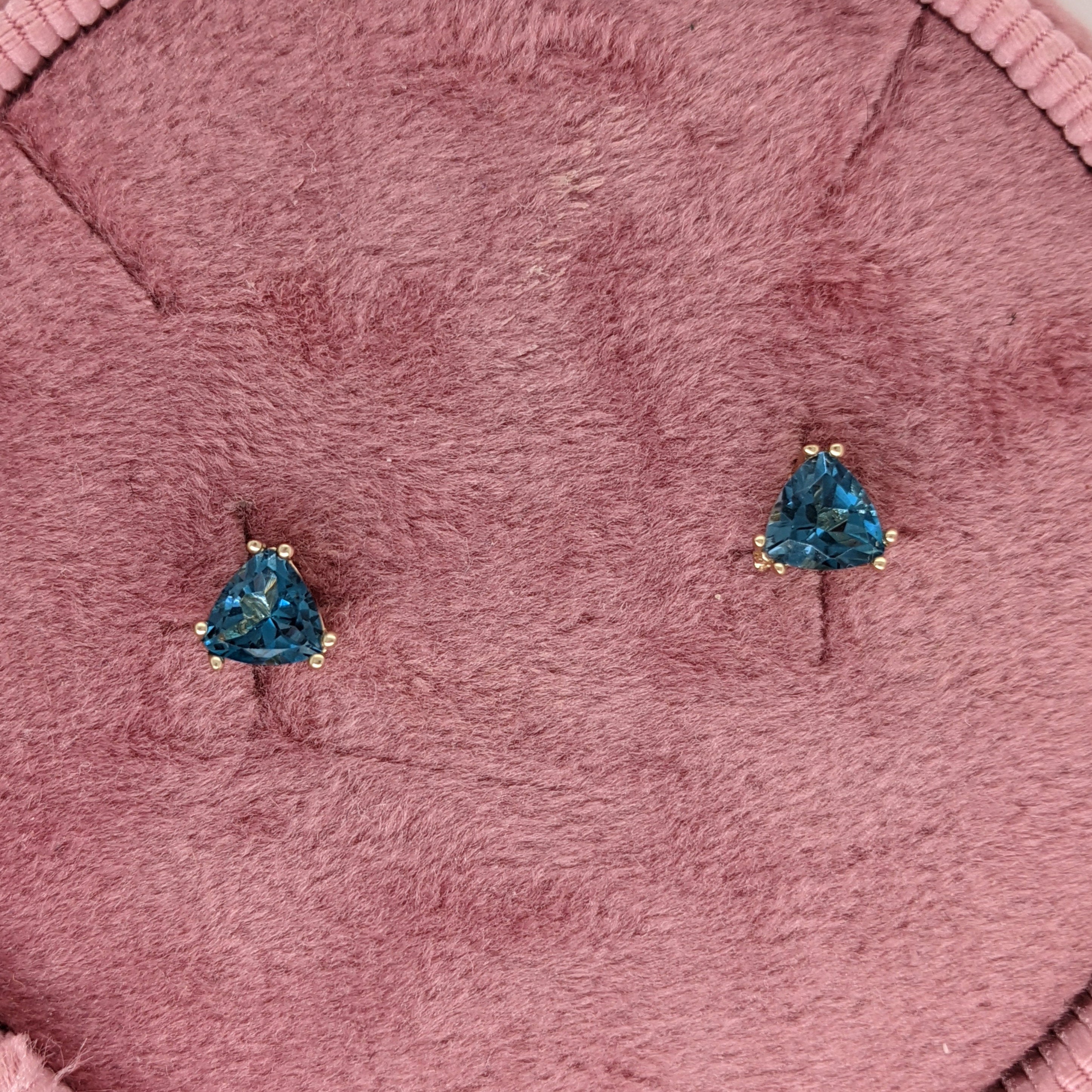 London Blue Topaz Studs in 14k Solid White, Yellow or Rose Gold | Trillion 5mm Solitaire Earrings | December Birthstone | Gemstone Earrings