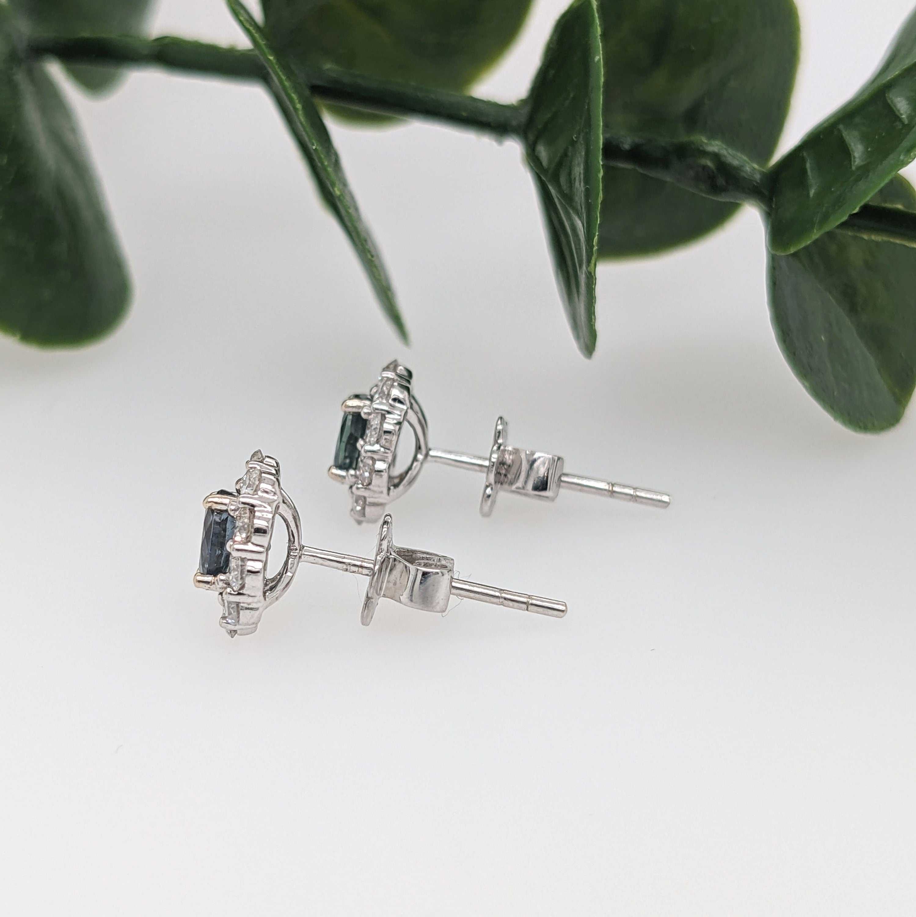 Alexandrite Studs in Solid 14K White Gold with a Natural Diamond Halo | Oval 5x4mm | Natural Color Change Gemstone | June Birthstone