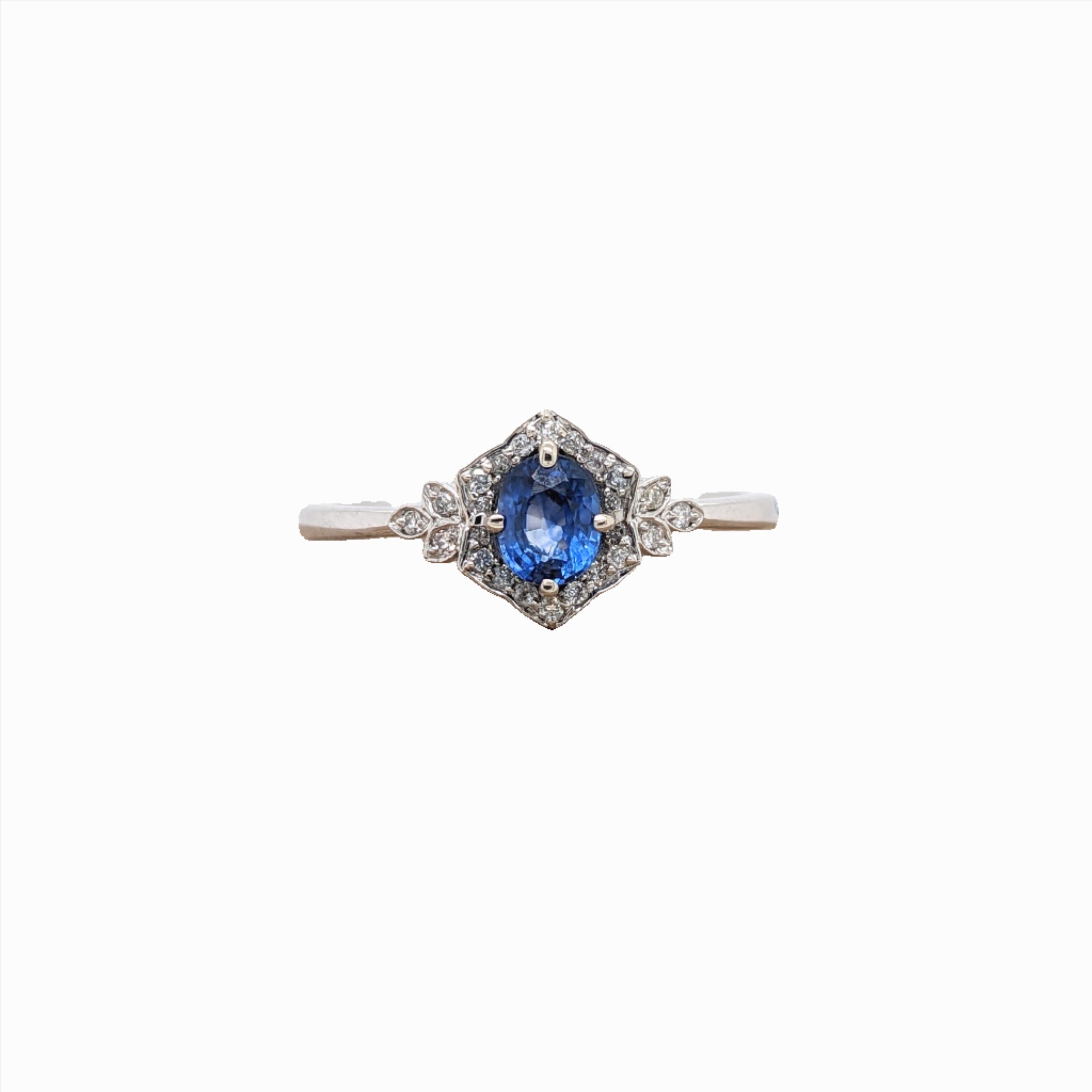 Vintage Style Oval Sapphire Ring w Diamond Accents in Solid 14k White Gold | Oval 5x4mm | Milgrain Detail | Compass Prong | September Stone