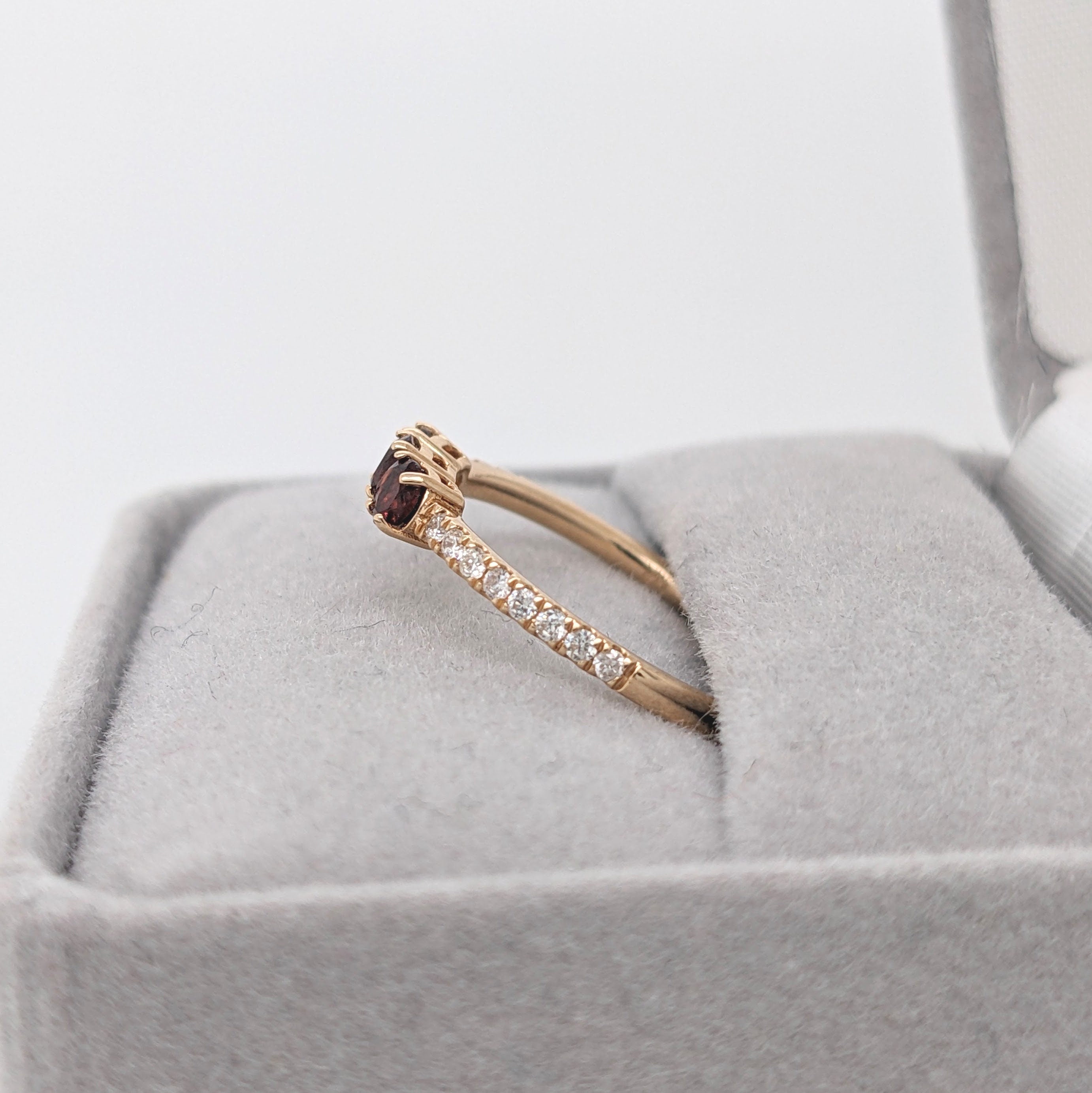 3 Stone Garnet Ring w Natural Accent Diamonds in Solid 14k Yellow Gold | Pave Shank | Round Cut 3mm | Classic Design | January Birthstone