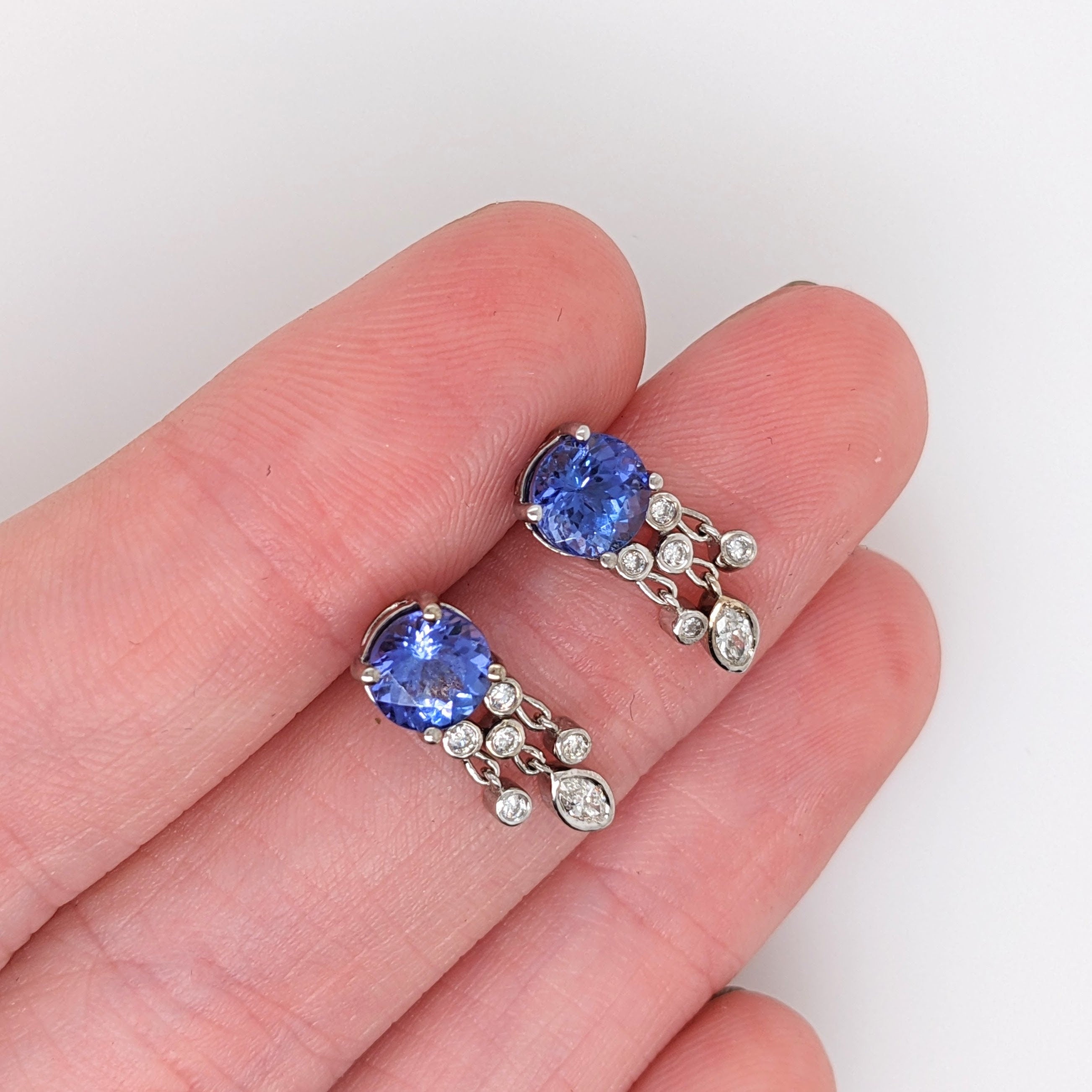 Tanzanite Dangly Earrings in 14K Gold w Natural Diamond Accents | Drop Earrings | Round 6mm | Friction Back | Blue Gems | Something Blue