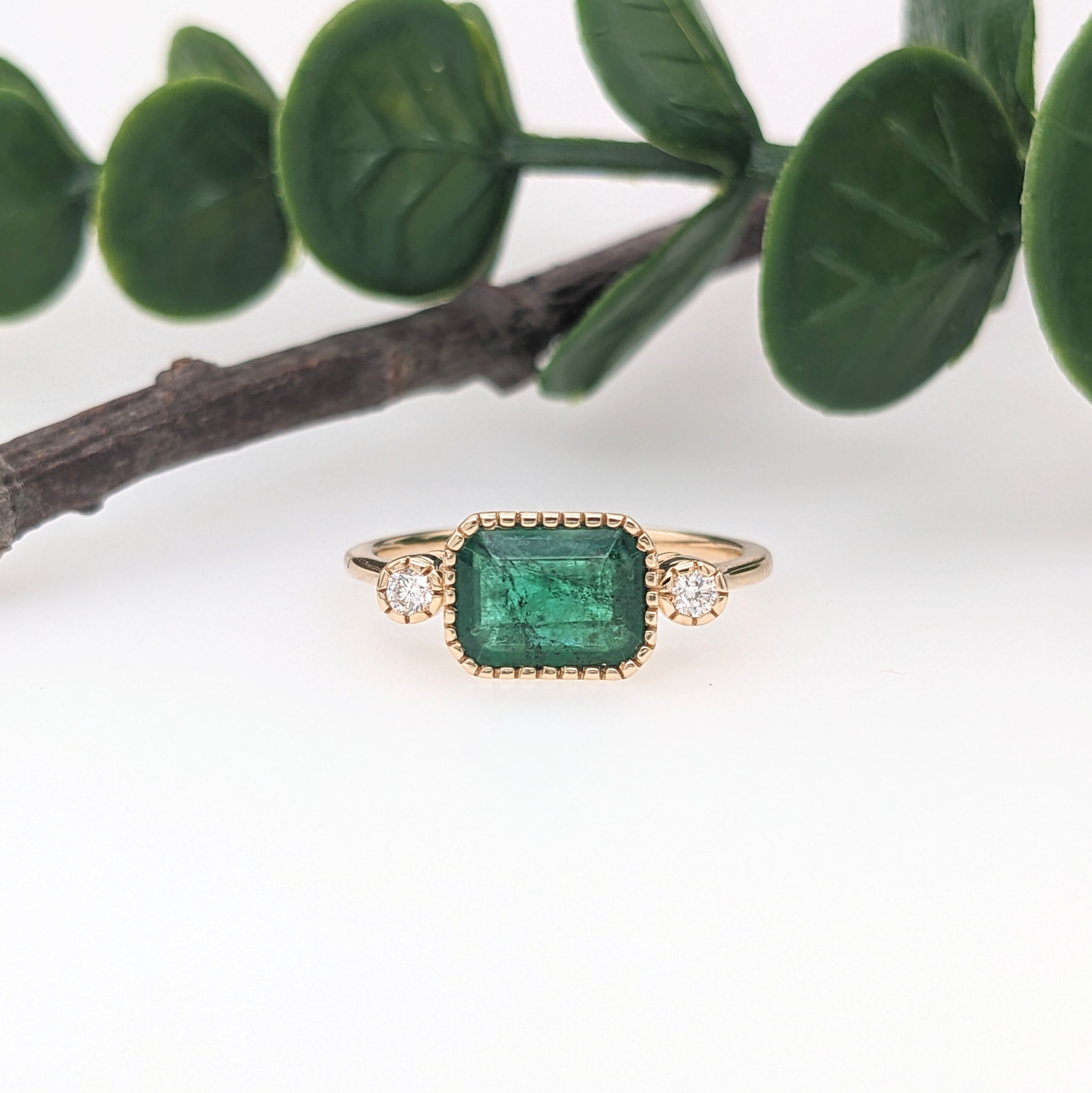 Elegant Emerald Ring in Solid 14K Yellow Gold I Emerald Cut 8x6mm I Zambian Emerald I Green Gemstone Ring I May Birthstone | Milgrain