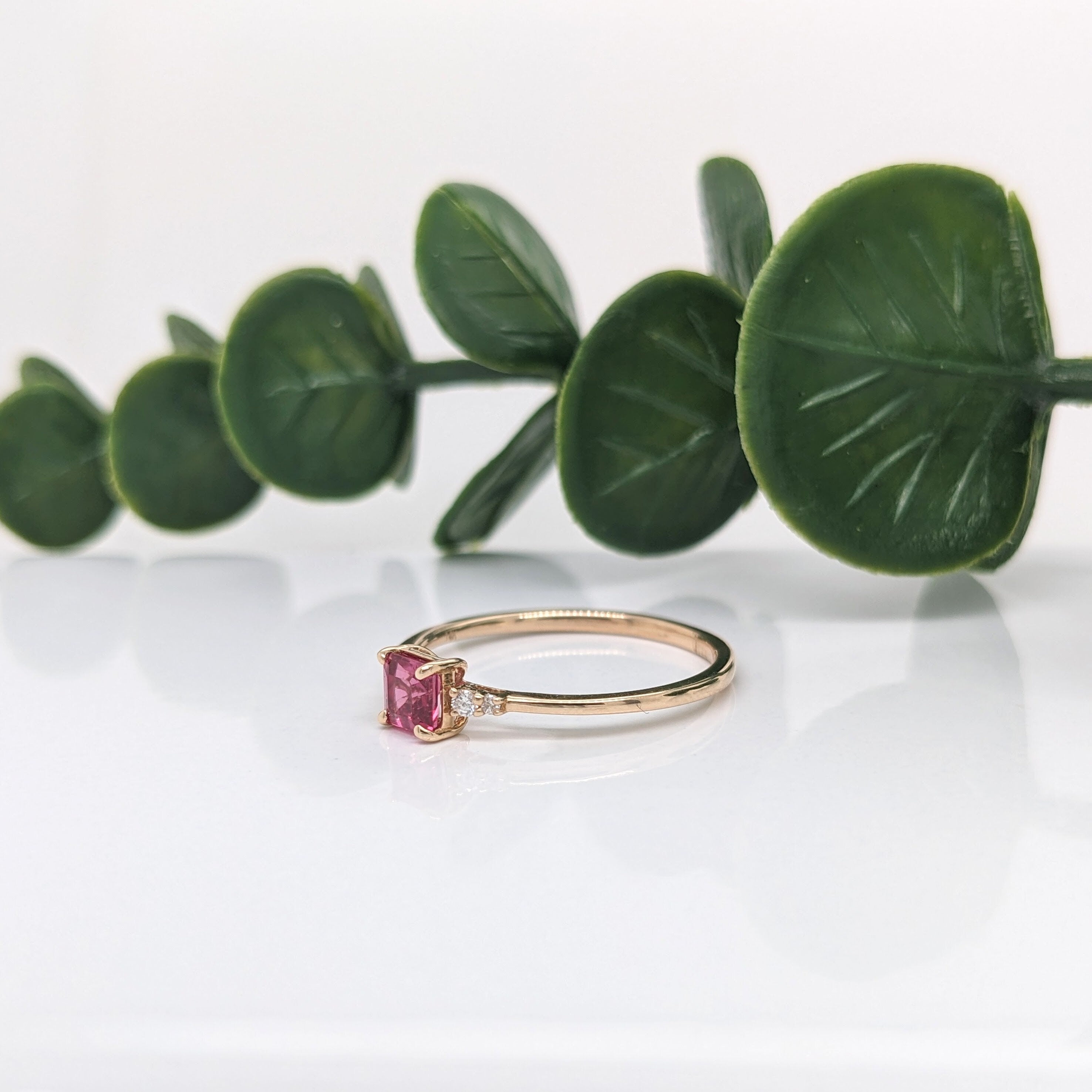 Dainty Princess Cut Red Spinel Ring in Solid 14K Yellow Gold with Natural Diamond Accents | 4mm | October Birthstone | Prongs | Daily Wear