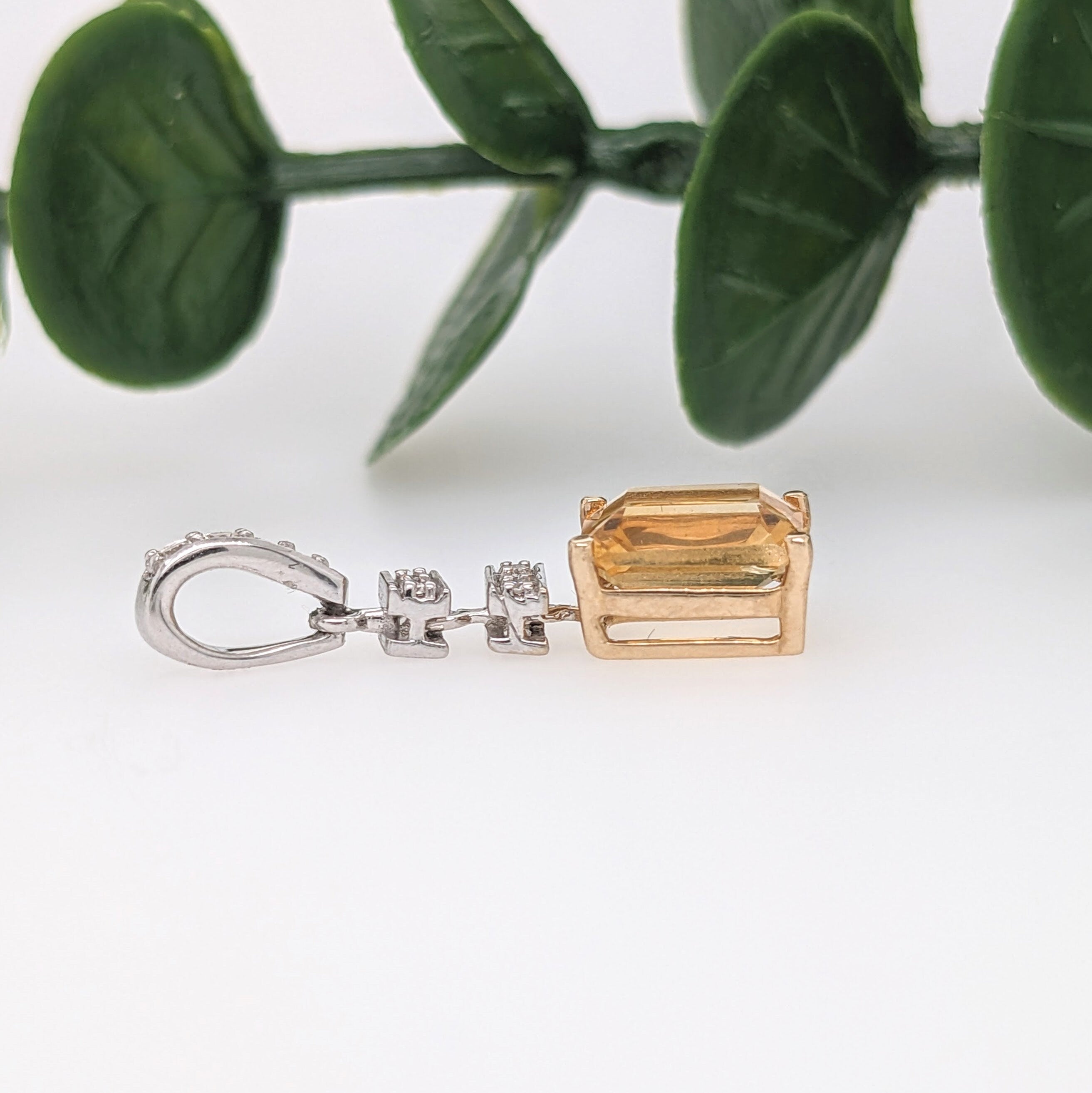 Emerald Cut Citrine Dangle Pendant in Solid 14k Dual Tone White and Yellow Gold w Natural Diamond Accents | Oval 8x6mm | November Birthstone