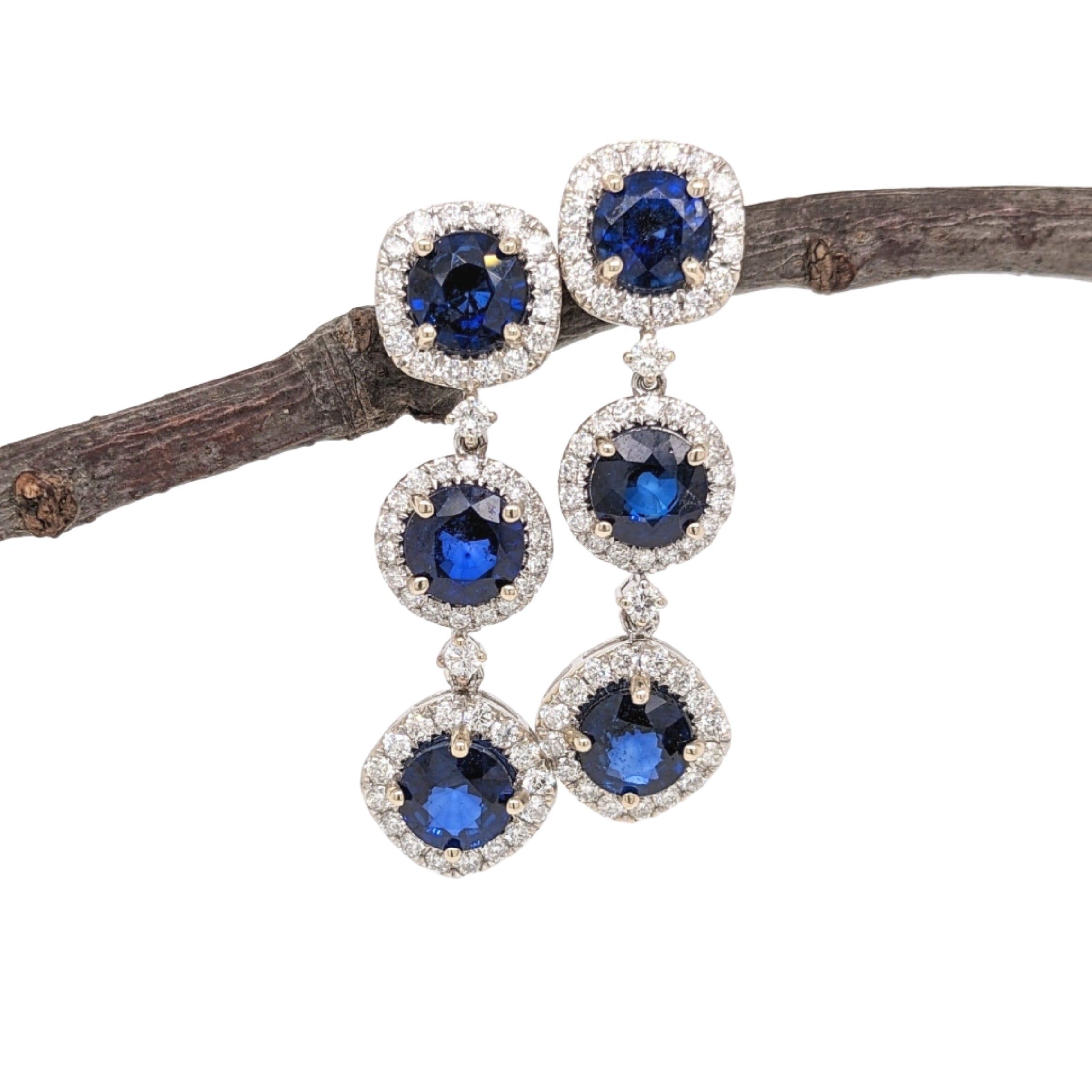 Dangly Blue Sapphire Earrings in 14K Gold w Natural Diamond Accents | Drop Earrings | Round 6mm | Blue Gems | September Birthstone