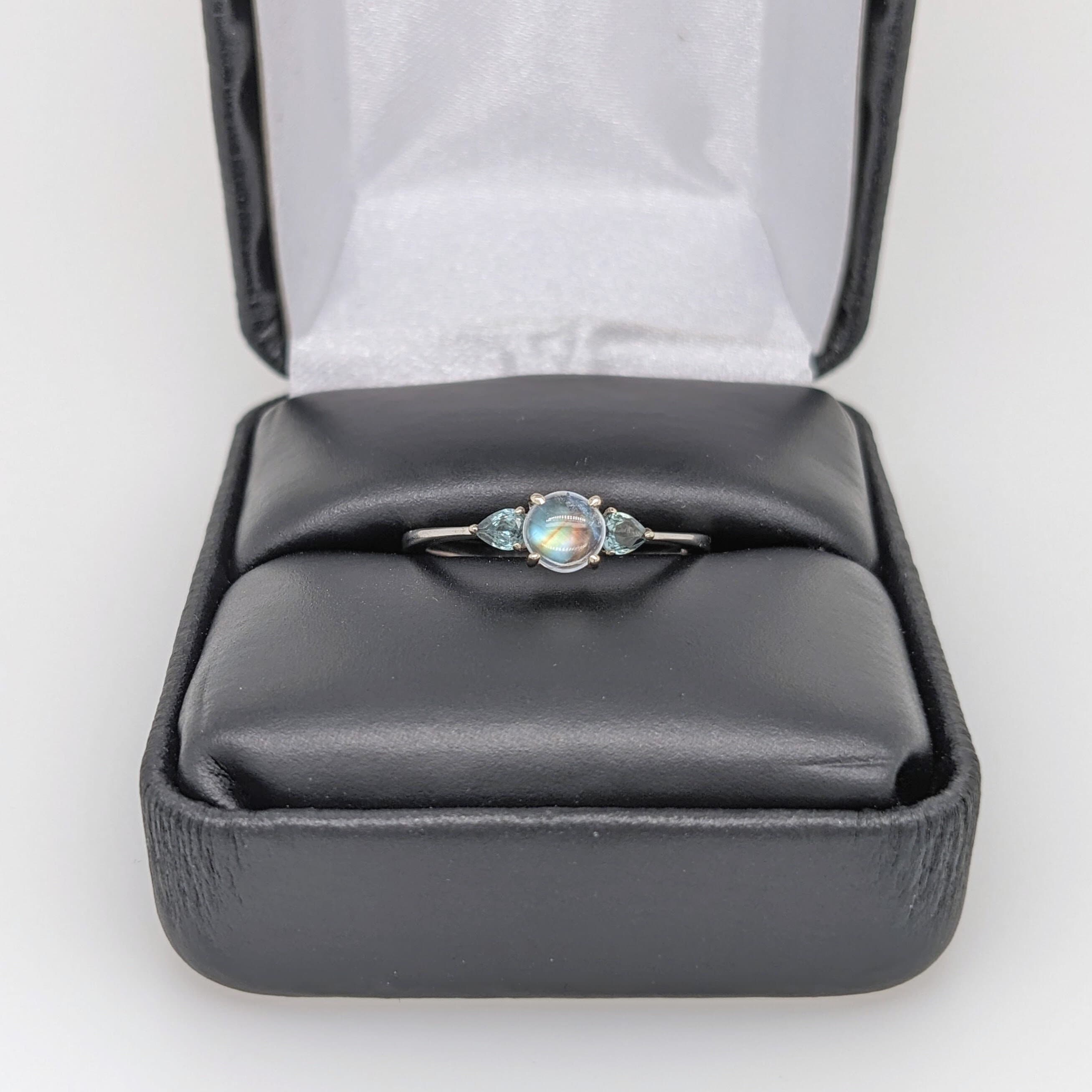 Rainbow Moonstone w Pear Cut Natural Alexandrite Accents in 14K Solid White Gold | Round | June Birthstone Ring | Petite Minimalist | Unique