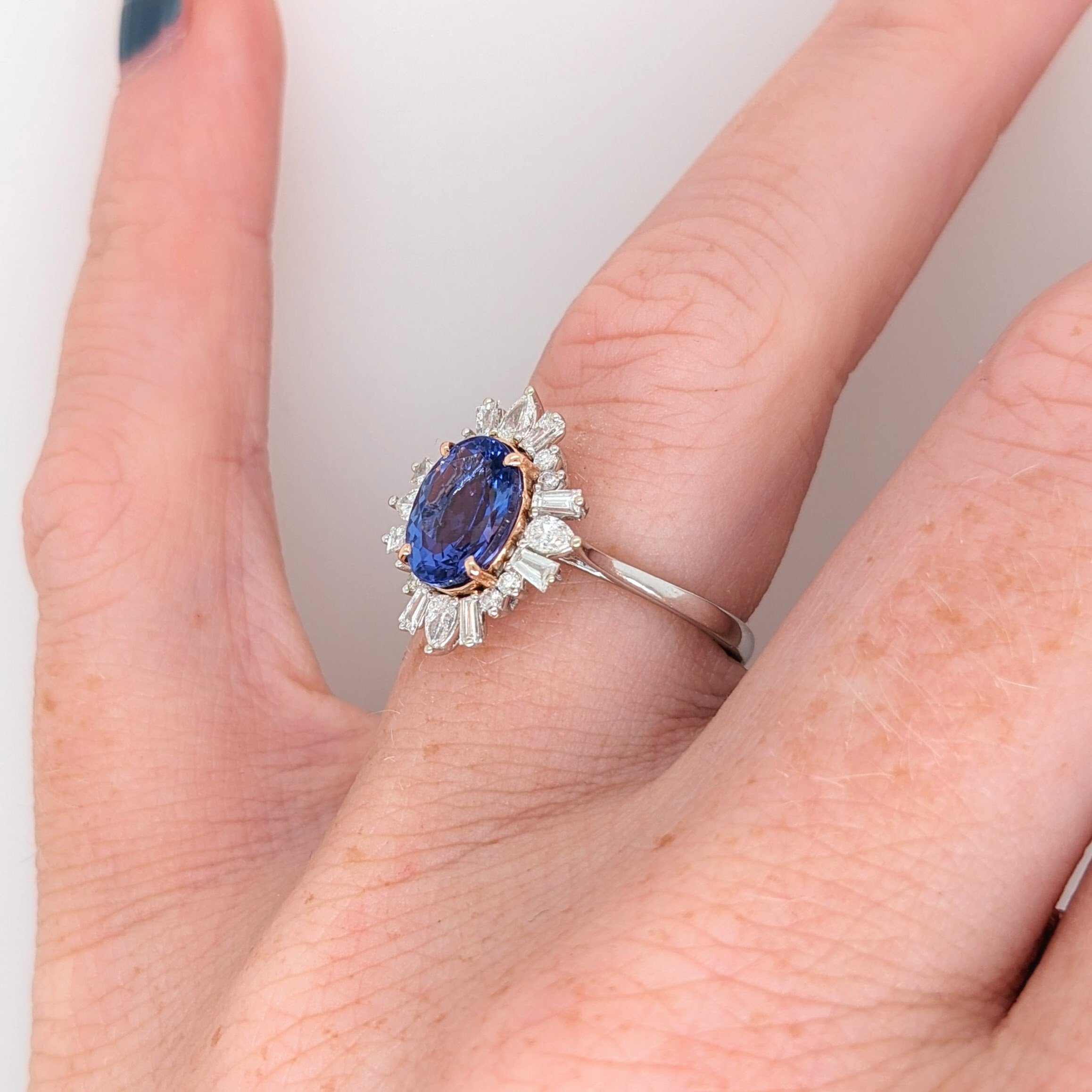 Gorgeous Tanzanite Sunburst Ring in 14K Solid White and Rose Gold w Natural Diamond Accents | Oval 9x7mm | December Birthstone Ring