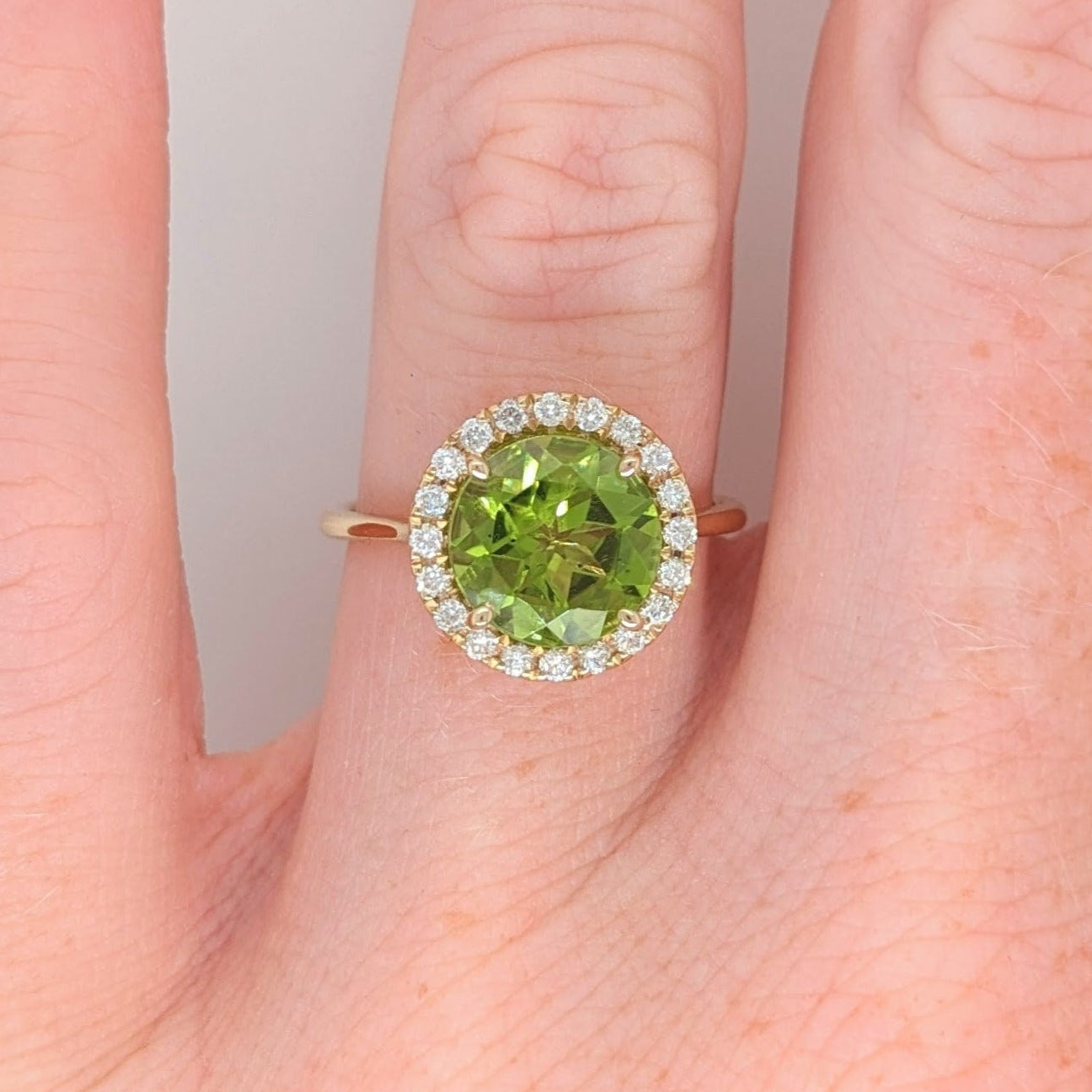 Sparkling Peridot Ring w a Halo of All Natural Diamonds in Solid 14k Yellow Gold | Round 9mm | August Birthstone | Straight Shank | Green