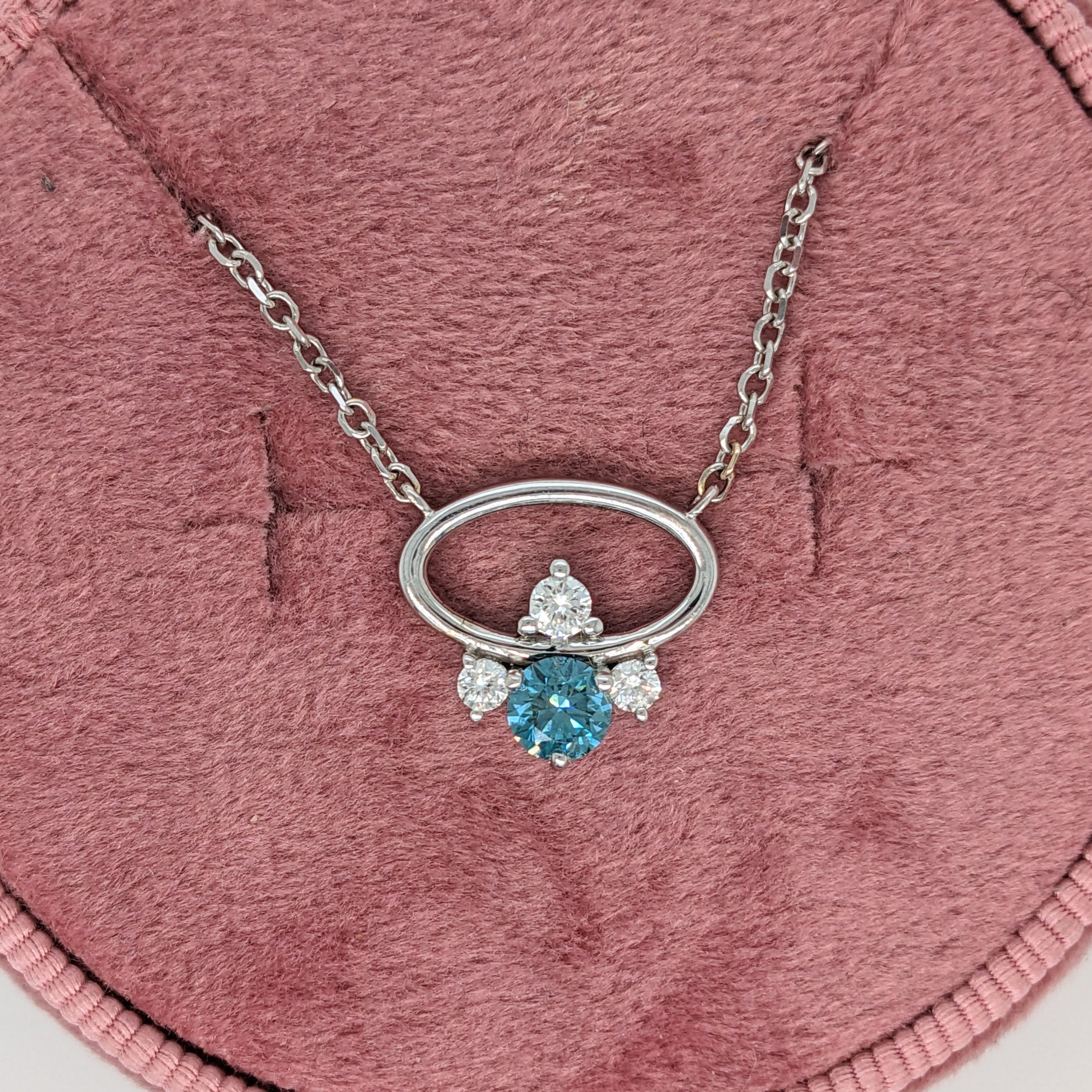 Oval Cutout Blue Diamond Pendant in Solid 14K White Gold with Natural Diamond Accents | Round 4.6mm | April Birthstone