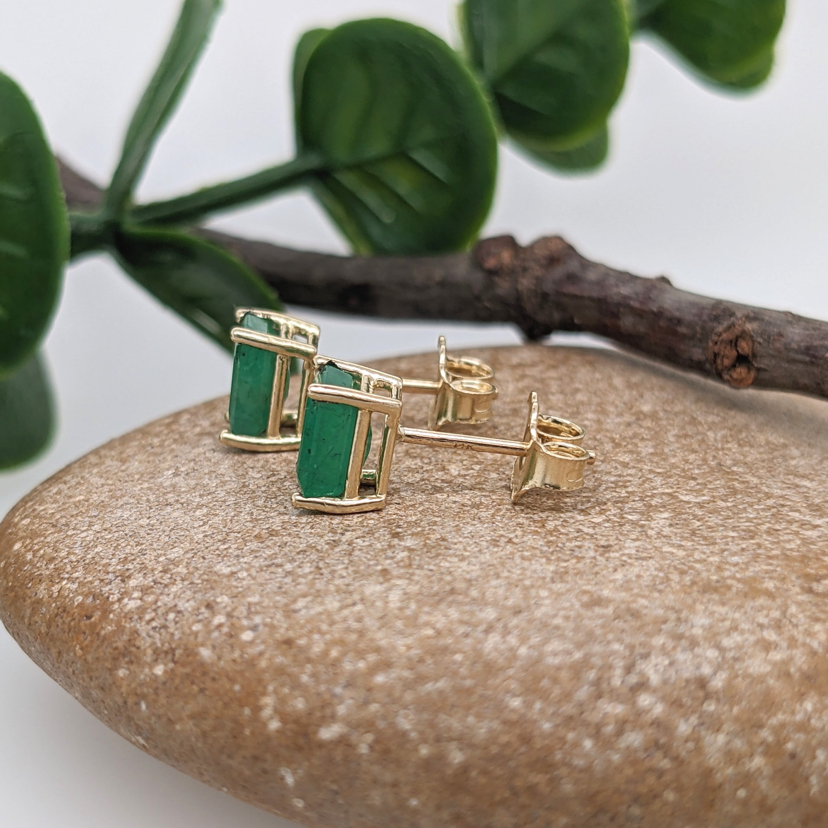 Emerald Earring Studs in 14k White, Yellow or Rose Gold | Emerald Cut 6x4mm | May Birthstone | Green Studs | Ready to Ship!