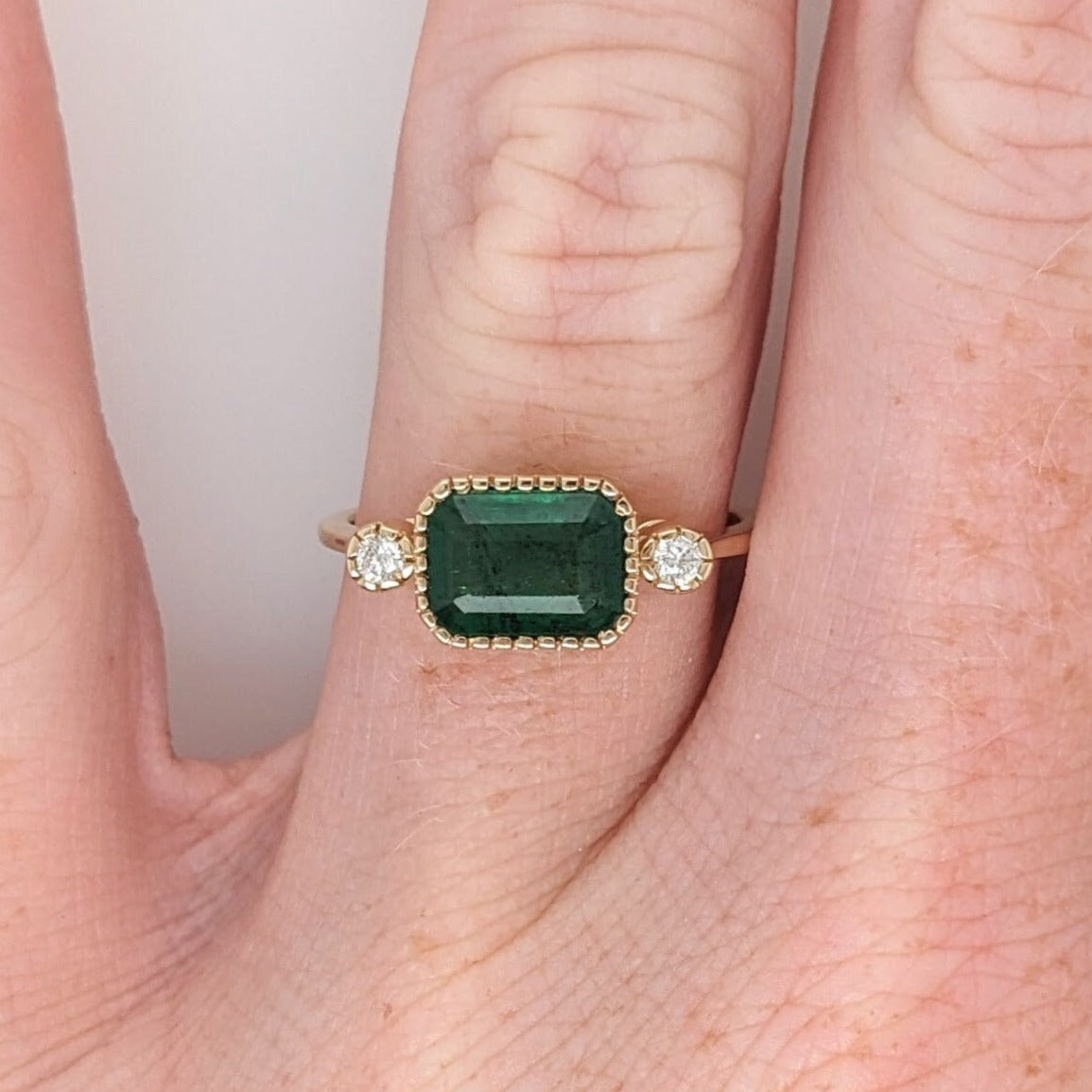 Elegant Emerald Ring in Solid 14K Yellow Gold I Emerald Cut 8x6mm I Zambian Emerald I Green Gemstone Ring I May Birthstone | Milgrain