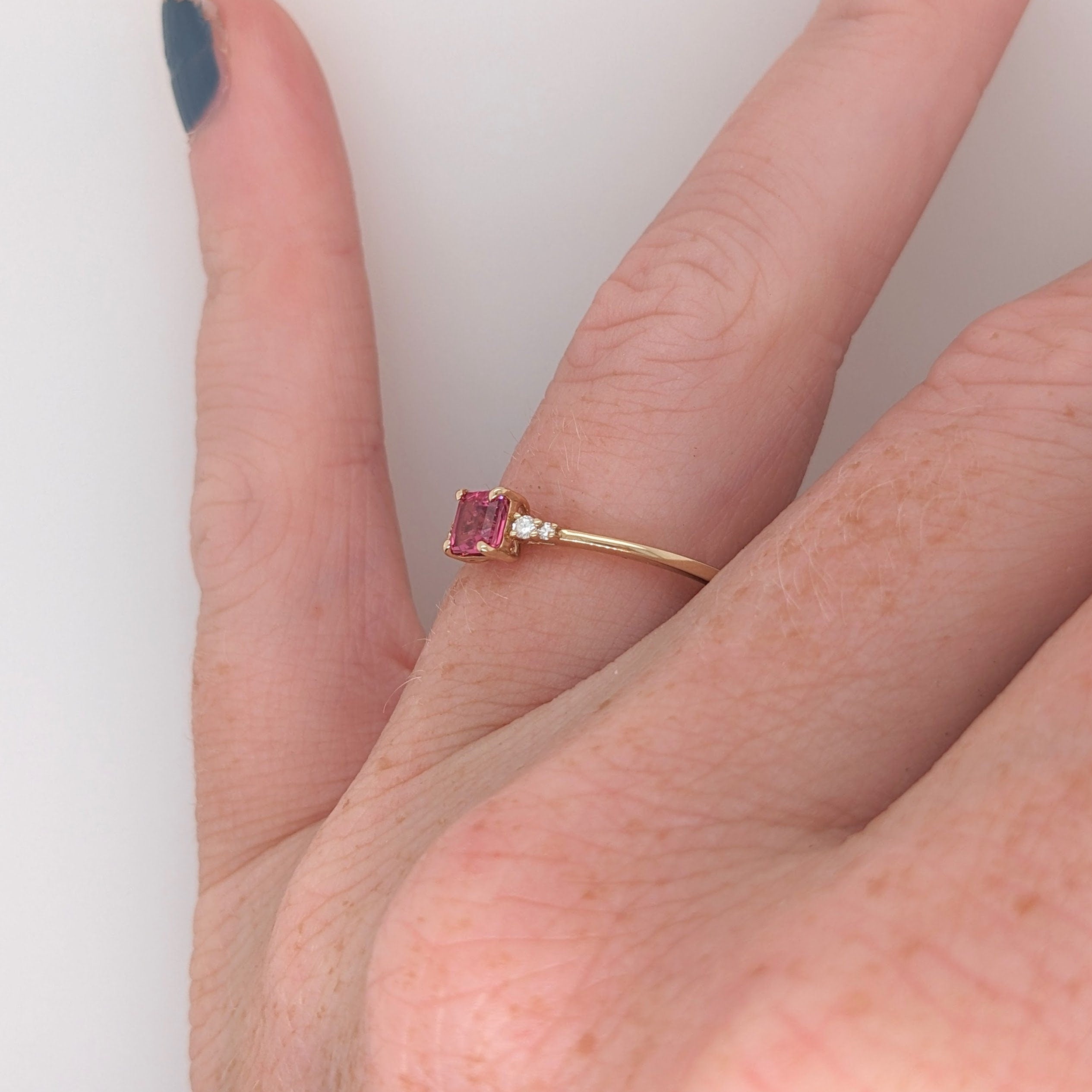 Dainty Princess Cut Red Spinel Ring in Solid 14K Yellow Gold with Natural Diamond Accents | 4mm | October Birthstone | Prongs | Daily Wear
