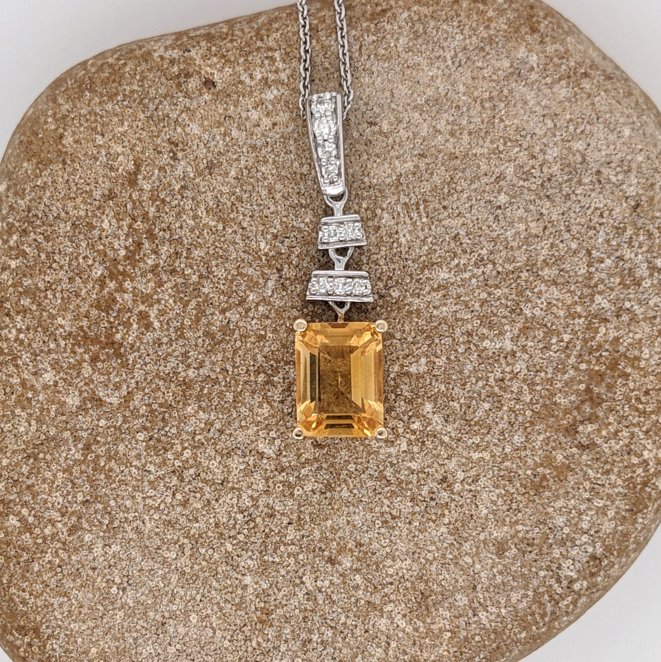 Emerald Cut Citrine Dangle Pendant in Solid 14k Dual Tone White and Yellow Gold w Natural Diamond Accents | Oval 8x6mm | November Birthstone