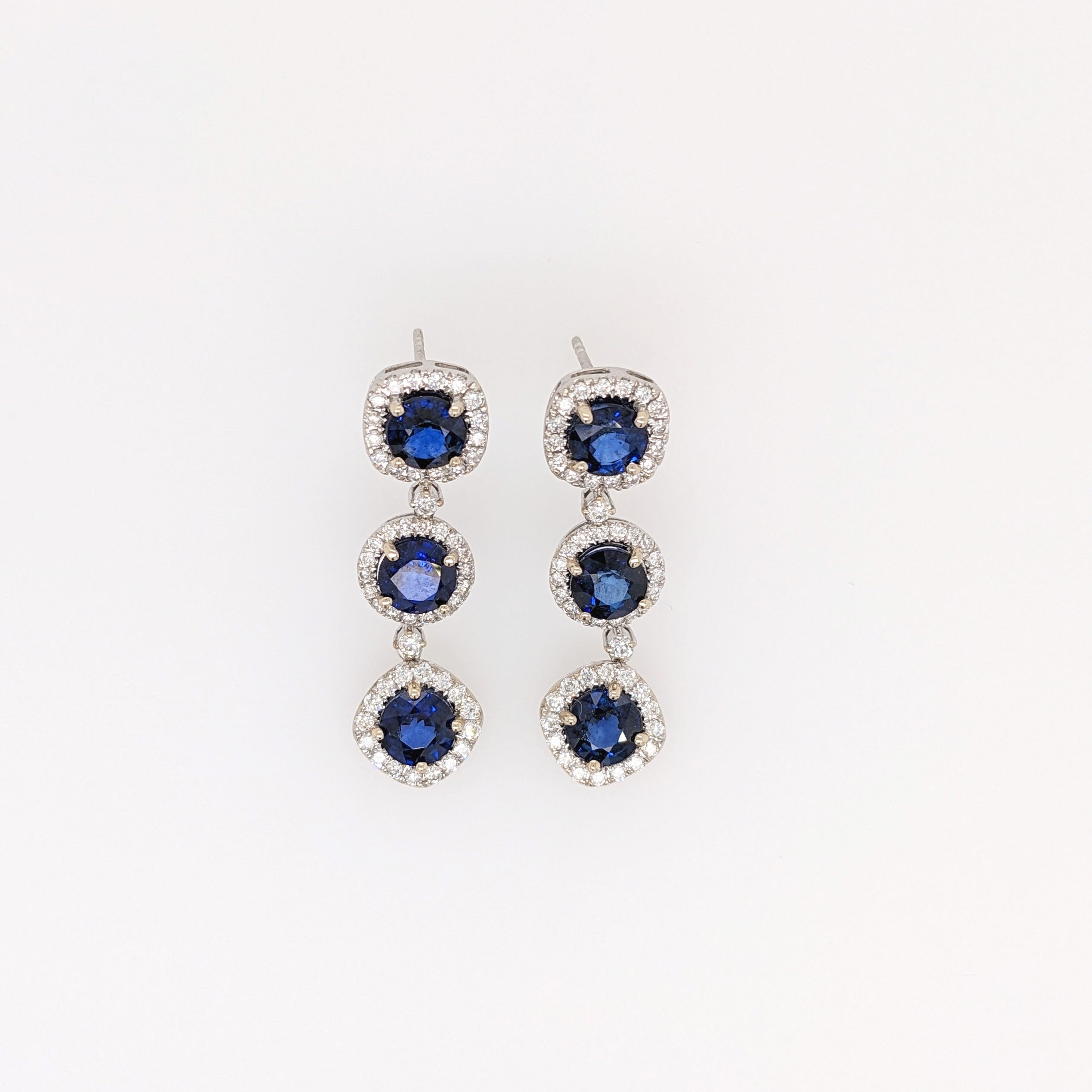 Dangly Blue Sapphire Earrings in 14K Gold w Natural Diamond Accents | Drop Earrings | Round 6mm | Blue Gems | September Birthstone