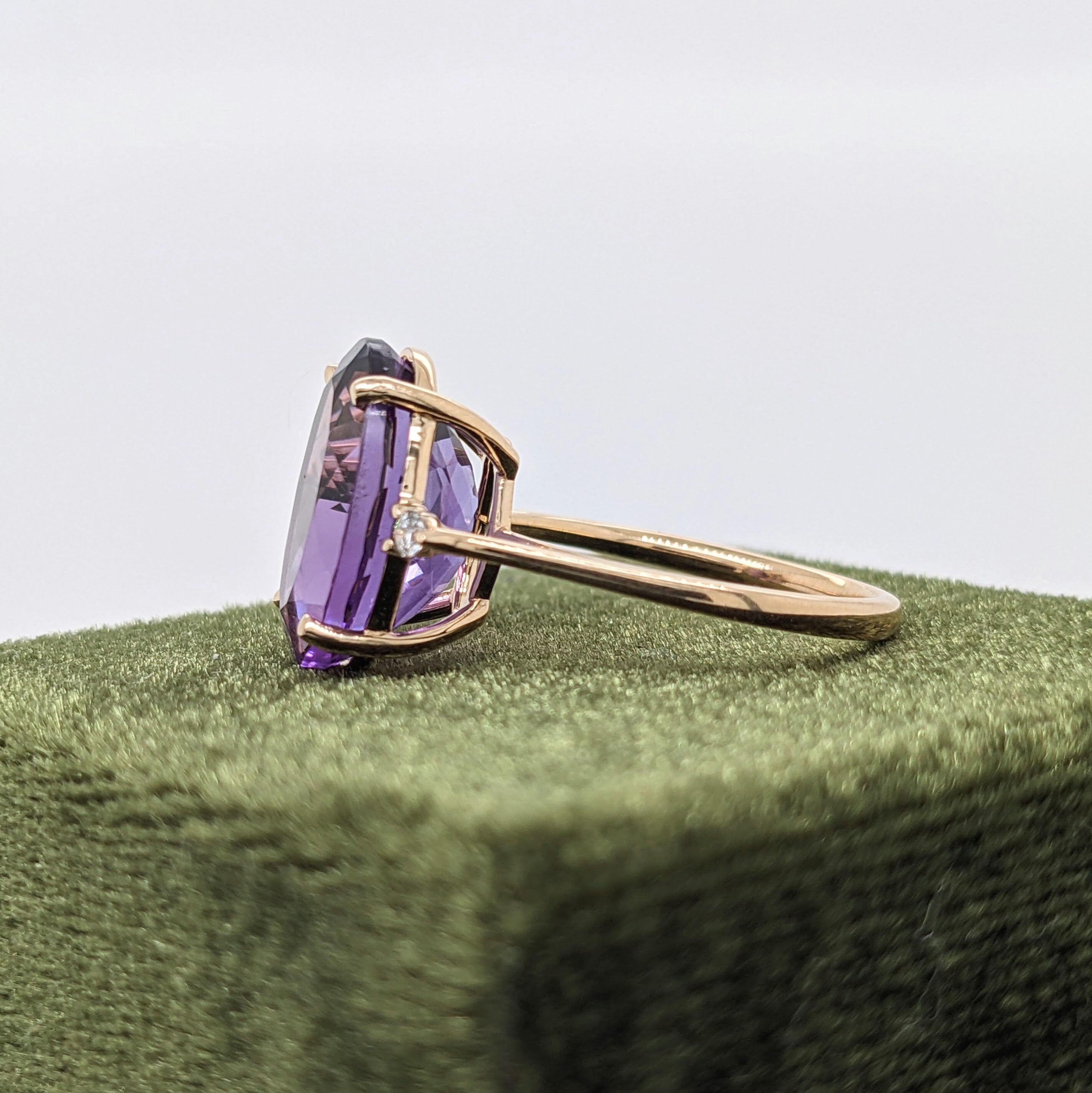 Deep Purple Amethyst in Solid 14k Yellow Gold w Natural Diamond Accents | Oval Cut 14x10 | Prong Set | February Birthday | Statement Ring
