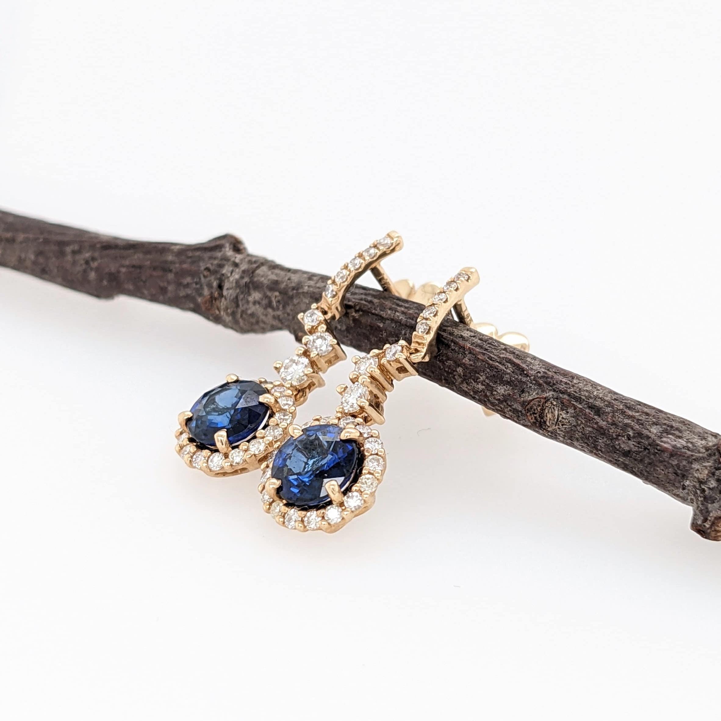 Elegant Blue Sapphire Dangle Earrings in 14K Gold w Natural Diamond Accents | Round 6mm | Blue Gems | September Birthstone