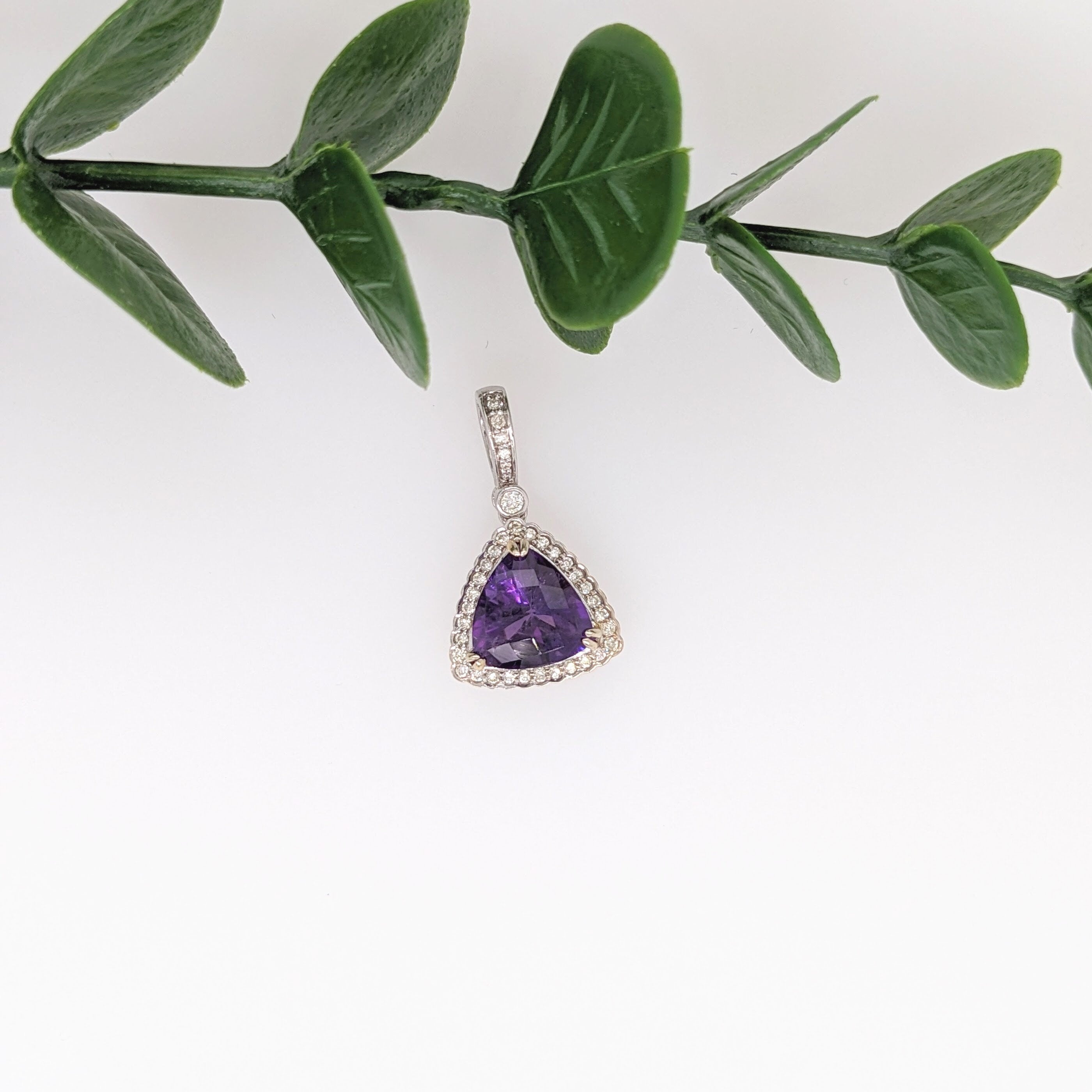 Pendants-Classy Purple Amethyst Pendant in Solid 14k White Gold with Natural Diamond Accents | Trillion 9mm | Diamond Bail | Gold Chain Option - NNJGemstones