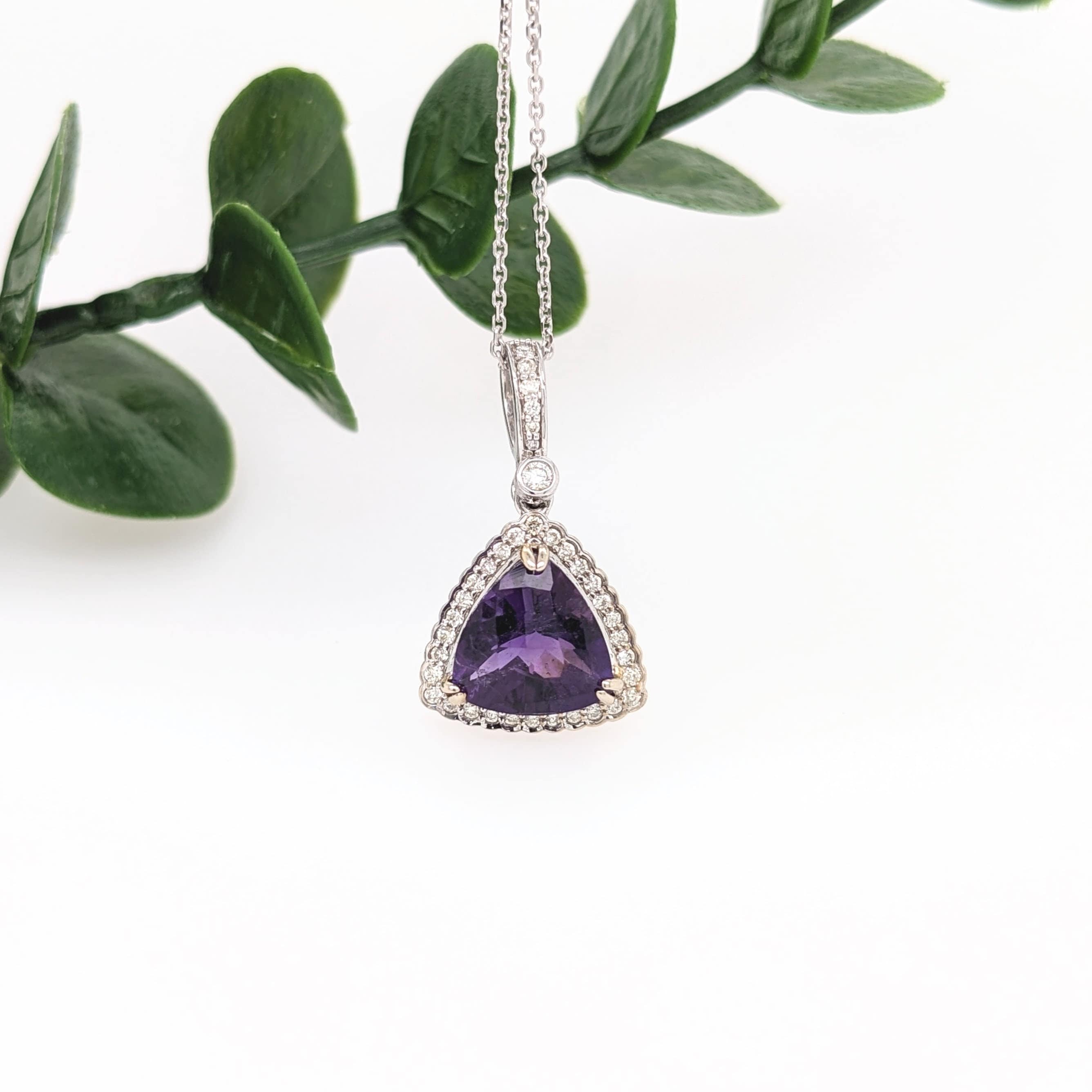 Pendants-Classy Purple Amethyst Pendant in Solid 14k White Gold with Natural Diamond Accents | Trillion 9mm | Diamond Bail | Gold Chain Option - NNJGemstones