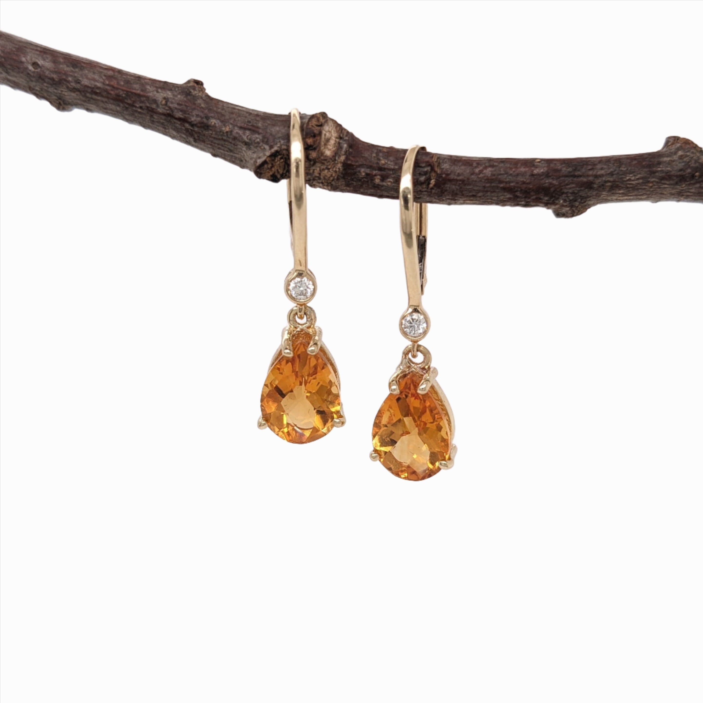 Dangly Citrine Drops in 14k Solid Yellow Gold w Natural Diamond Accents | Pear Shape | November Birthstone | Daily Wear Earrings |