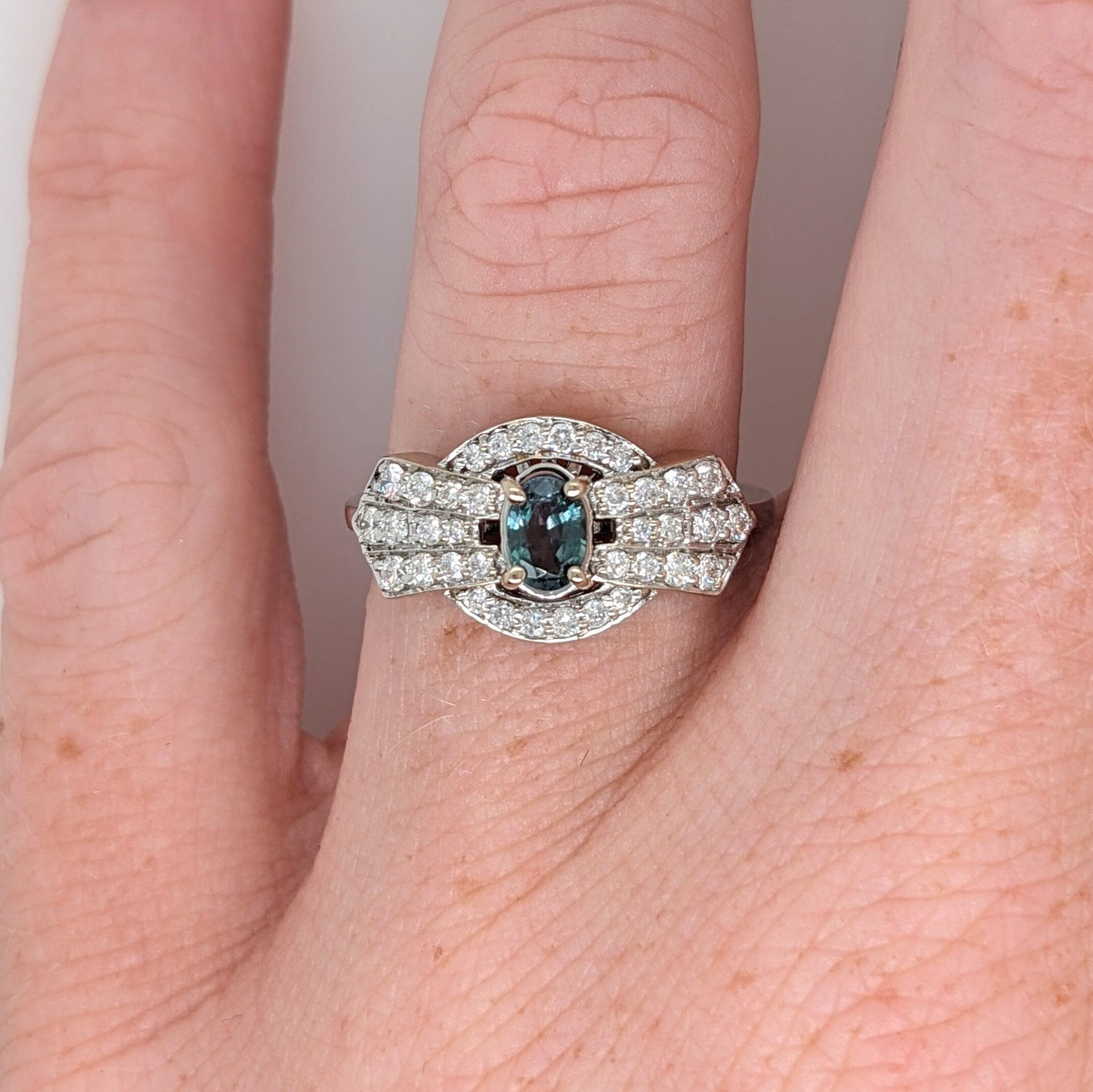 Natural Color Changing Alexandrite Ring w Natural Diamond Accents in Solid 14k White Gold | Oval 6x4mm | June Birthstone | Custom Jewelry