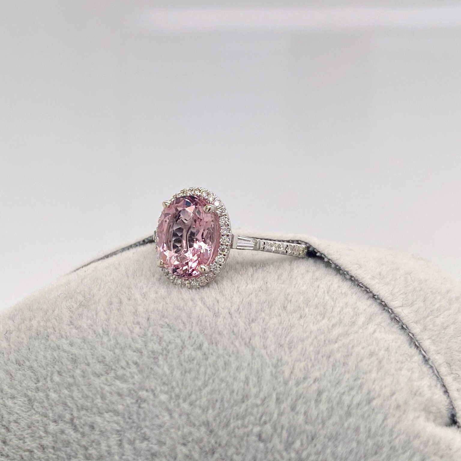 Pink Morganite Diamond Halo Ring in Solid 14K White Gold w Diamond Accents | Oval 10x8mm | Natural Gemstone | June Birthday | Ready to Ship!