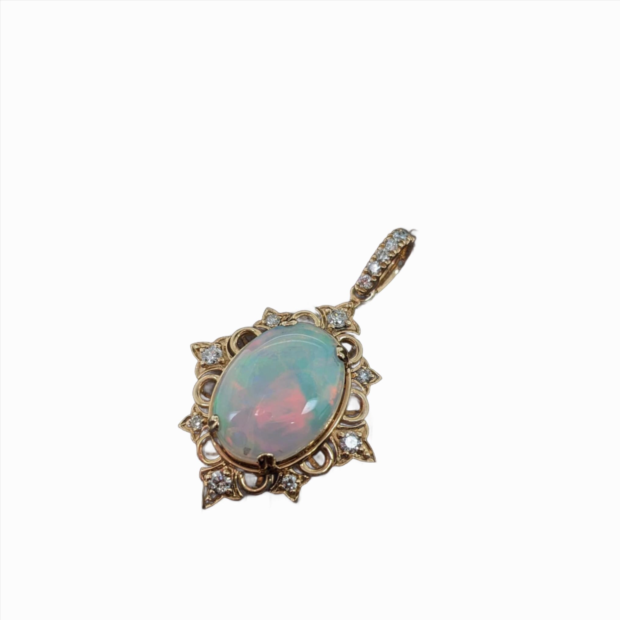 Classic Opal Pendant w All Natural Diamond Accents in 14k Solid Yellow Gold | Oval 16.7x12.3mm | Ethiopian | October Birthstone |