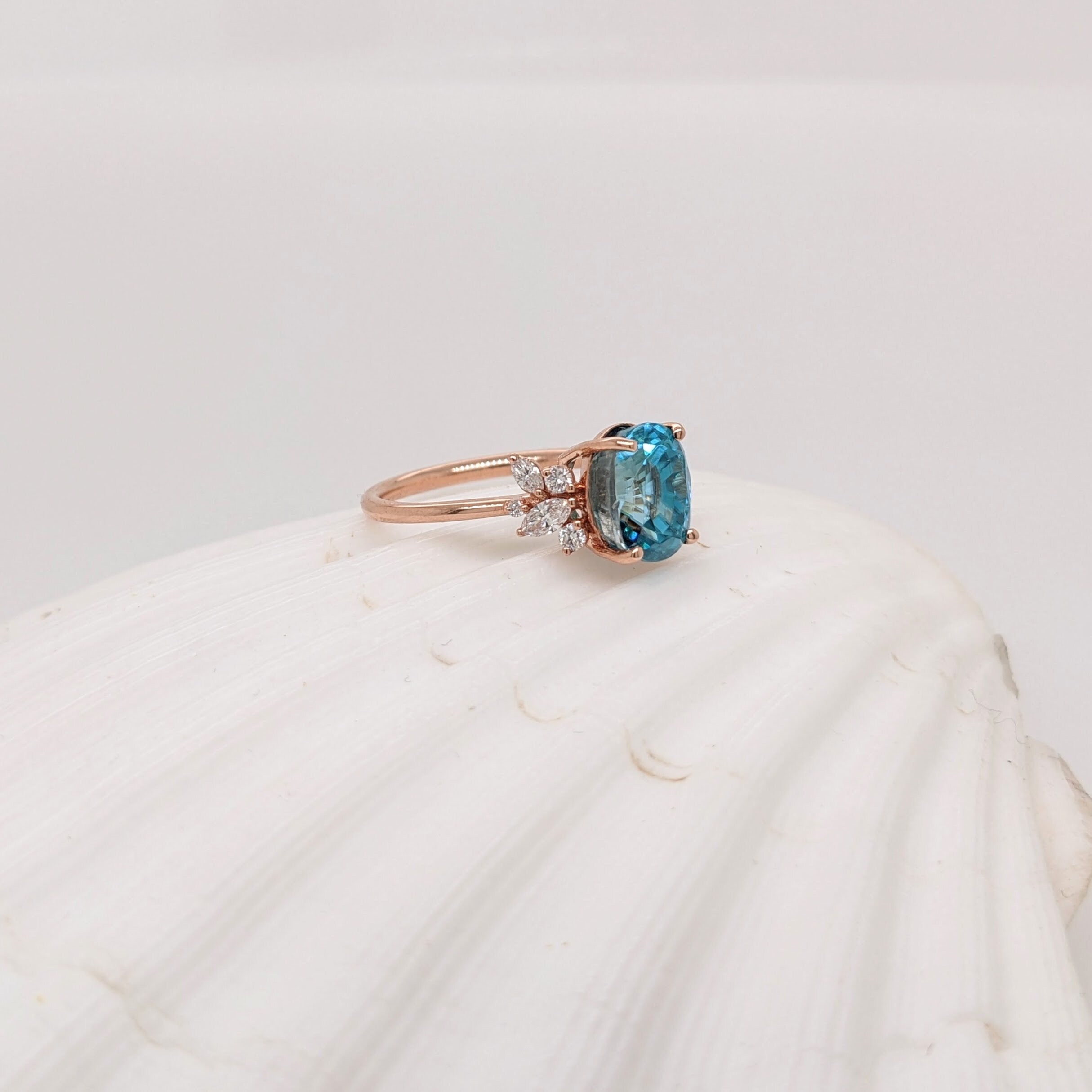Beautiful Natural Blue Zircon Ring in 14K Gold w Natural Diamond Accent Halo | Oval 9x7mm | Nature Themed | December Birthstone |