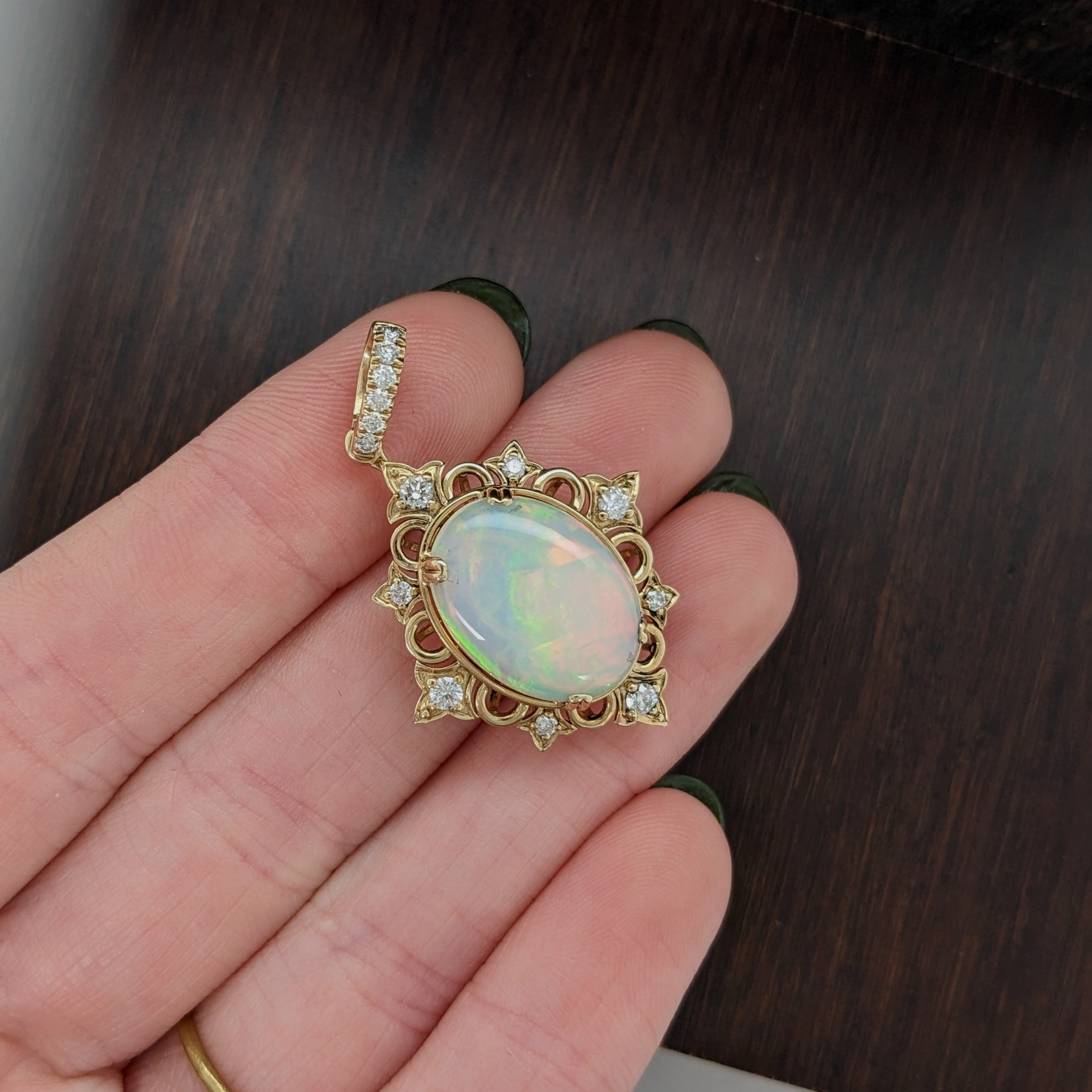 Classic Opal Pendant w All Natural Diamond Accents in 14k Solid Yellow Gold | Oval 16.7x12.3mm | Ethiopian | October Birthstone |