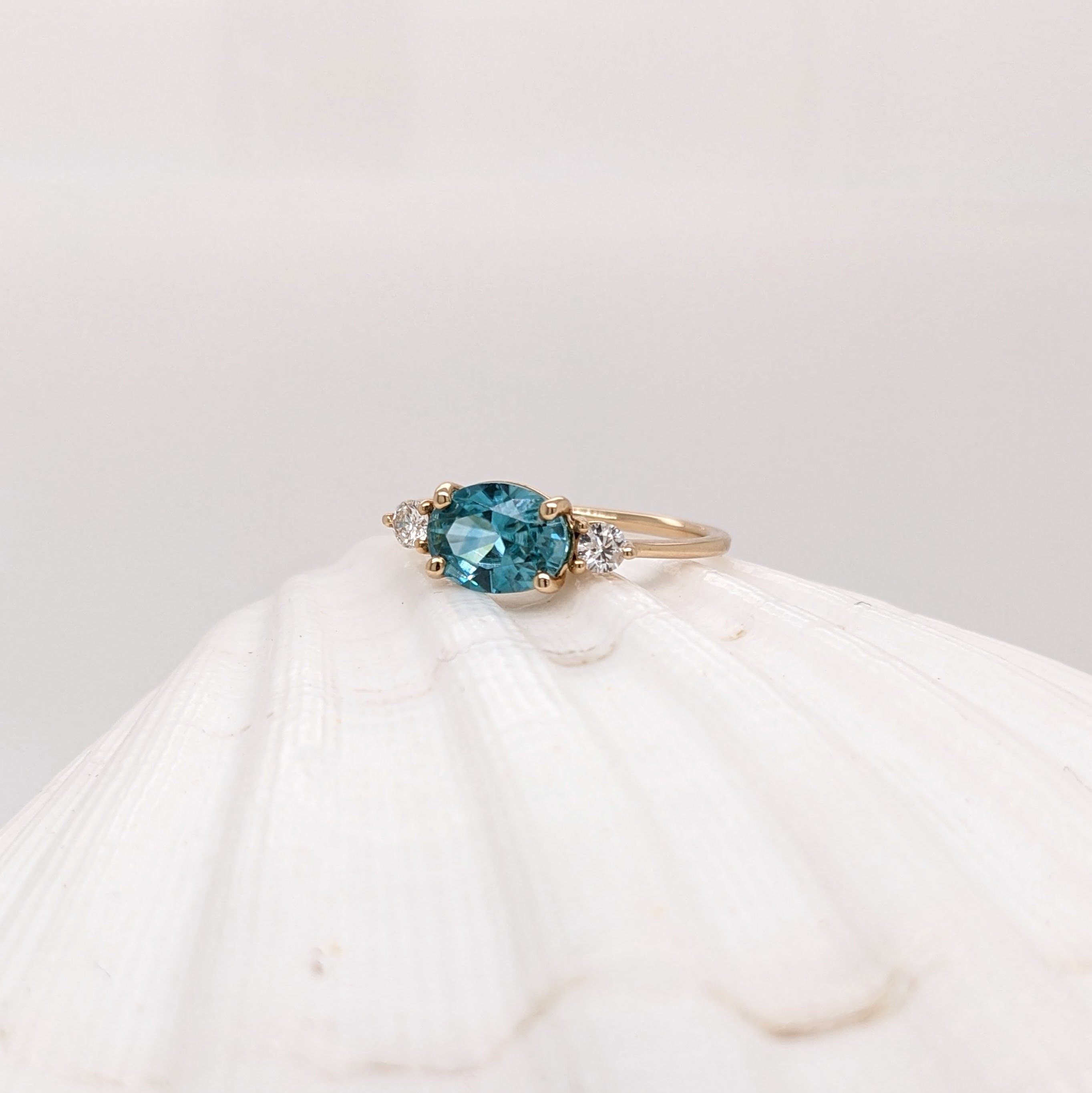 Dainty Oval Cut Blue Zircon Ring in Solid 14K Yellow Gold with Natural Diamond Accents | 8x6mm | December Birthstone | Prongs | Daily Wear |