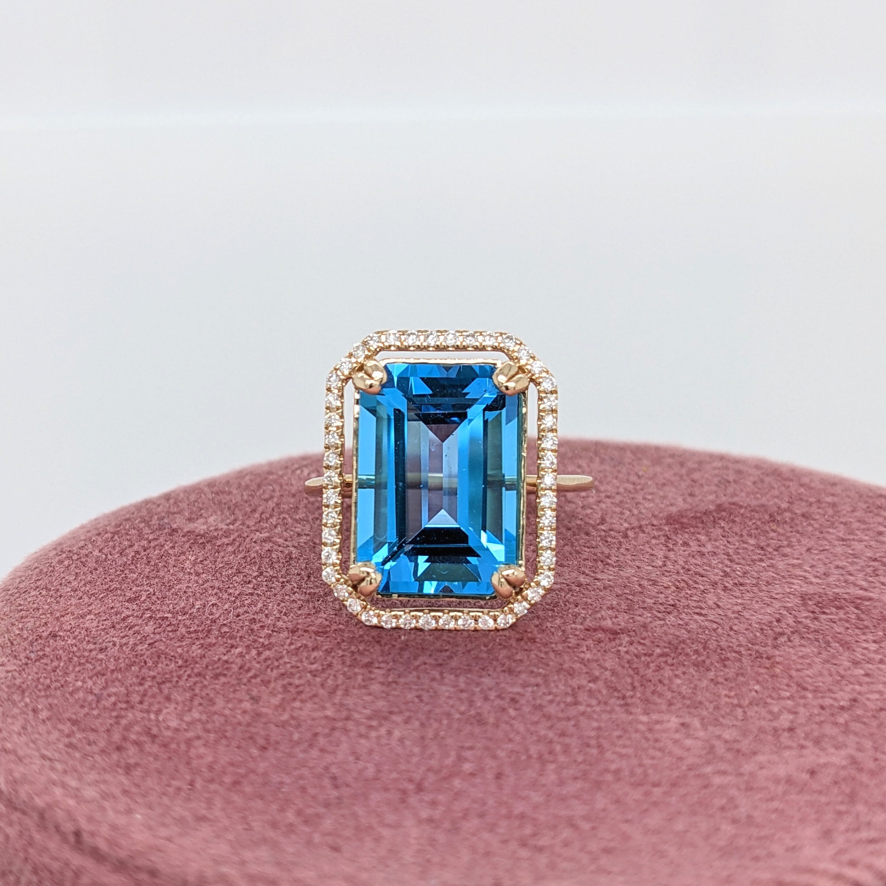 Swiss Blue Topaz Statement Ring w an All Natural Diamond Halo in Solid 14K Yellow Gold | Emerald Cut 14x10mm | December Birthday | Blue Gem