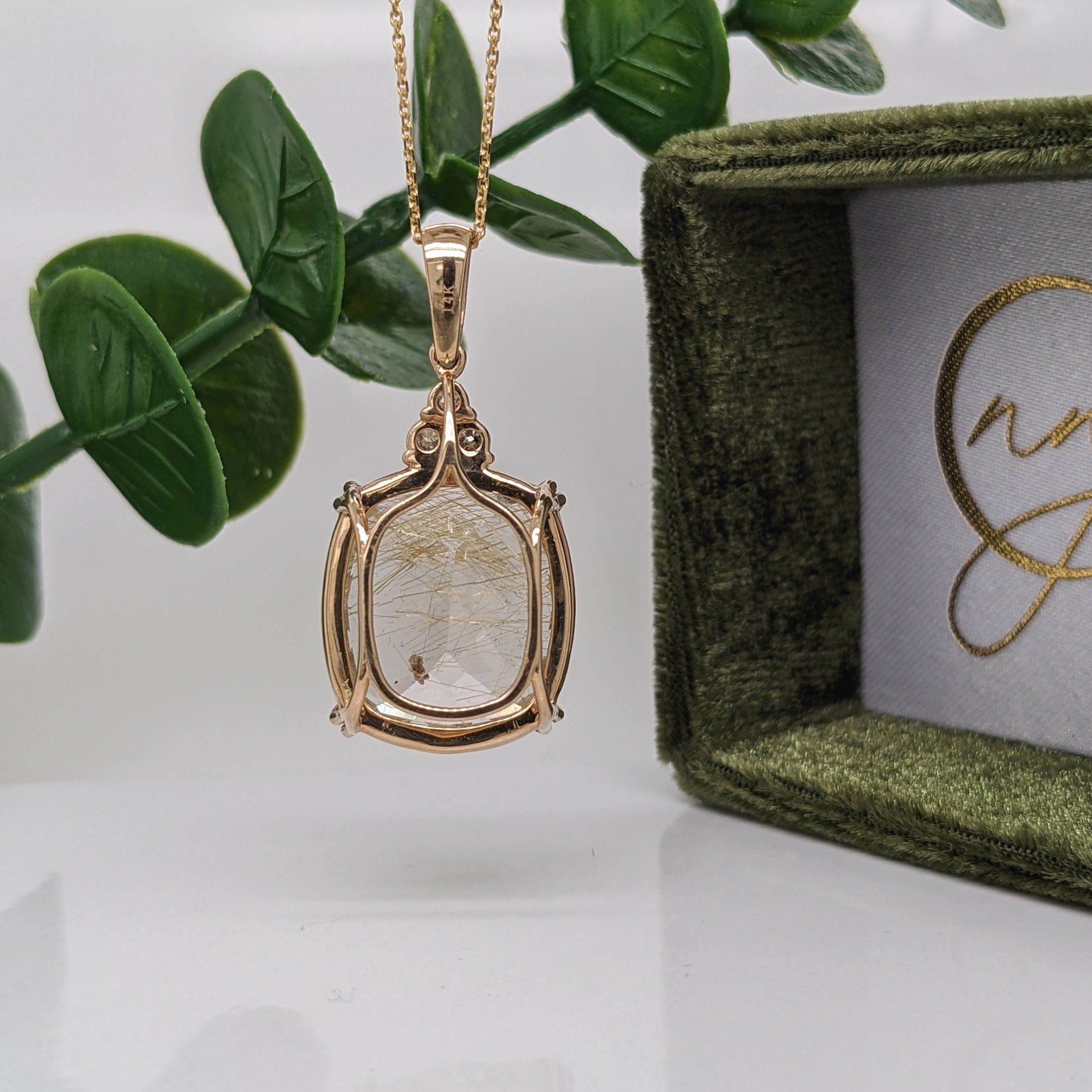 Lovely Gold Rutilated Quartz Pendant in Solid 14K Yellow Gold with Diamond Accents | Cushion 18x16mm | April Birthstone | Natural Gemstone
