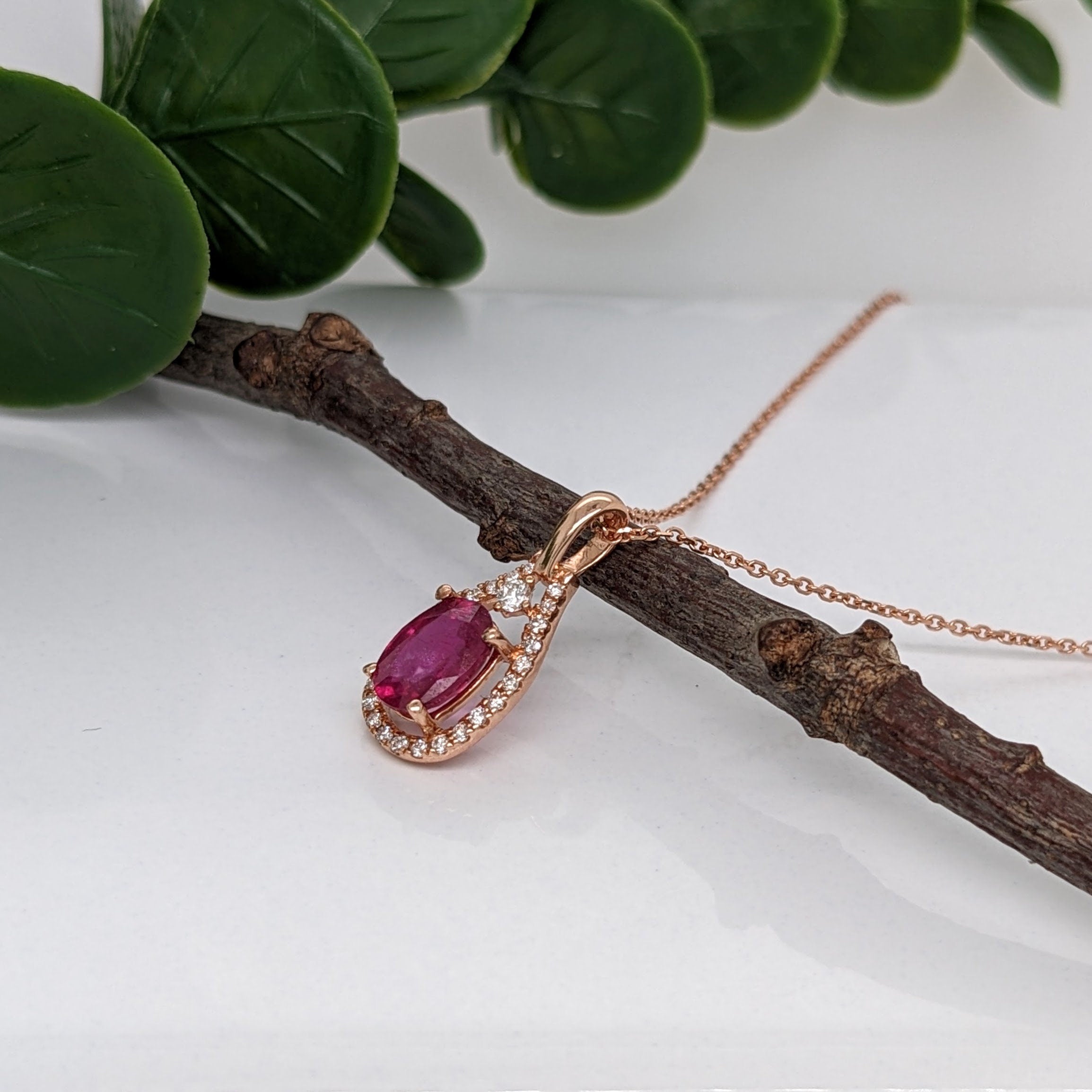 Pretty Red Ruby Pendant in Solid 14K Rose Gold with Diamond Accents | Oval 9x7mm | July Birthstone | Red Gemstone | Ready to Ship