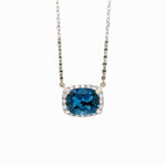 London Blue Topaz Necklace in Solid 14K White Gold with Natural Diamond Accents | Cushion 12x10mm | December Birthstone | Attached Chain