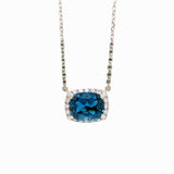 London Blue Topaz Necklace in Solid 14K White Gold with Natural Diamond Accents | Cushion 12x10mm | December Birthstone | Attached Chain