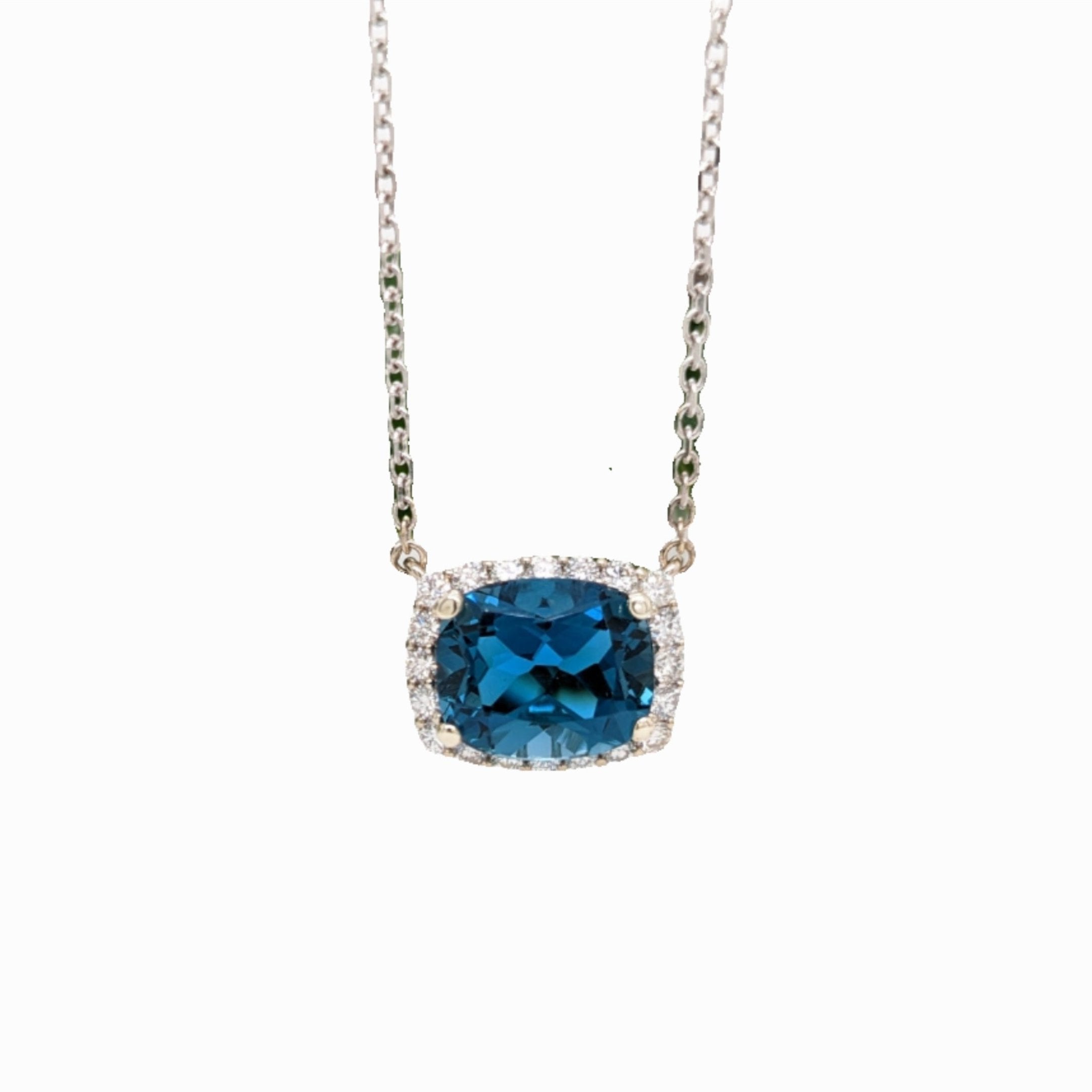 London Blue Topaz Necklace in Solid 14K White Gold with Natural Diamond Accents | Cushion 12x10mm | December Birthstone | Attached Chain