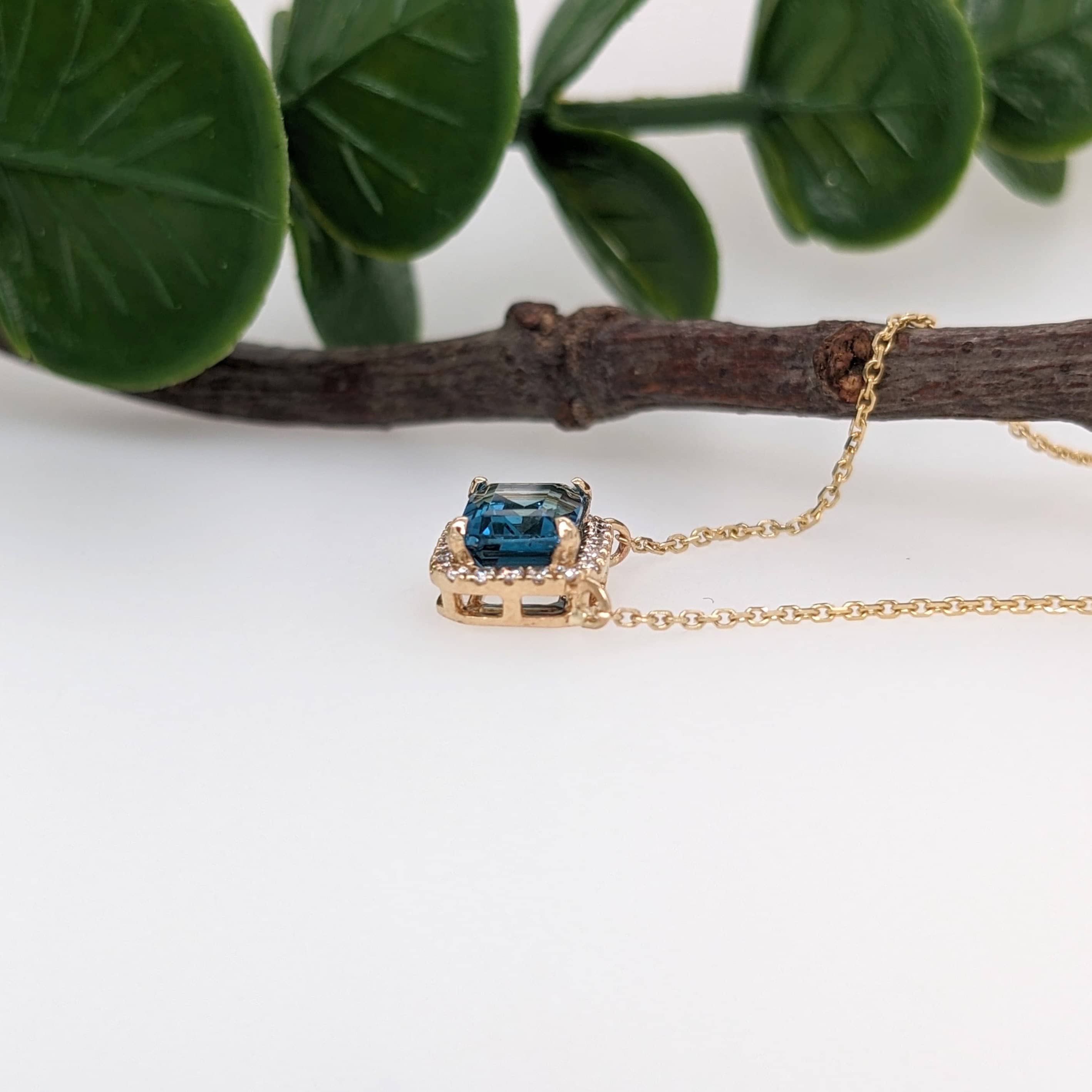 Pretty London Topaz Necklace w Diamond Halo in Solid 14K Yellow Gold | Emerald Cut 7x5mm | December Birthstone | Customizable |