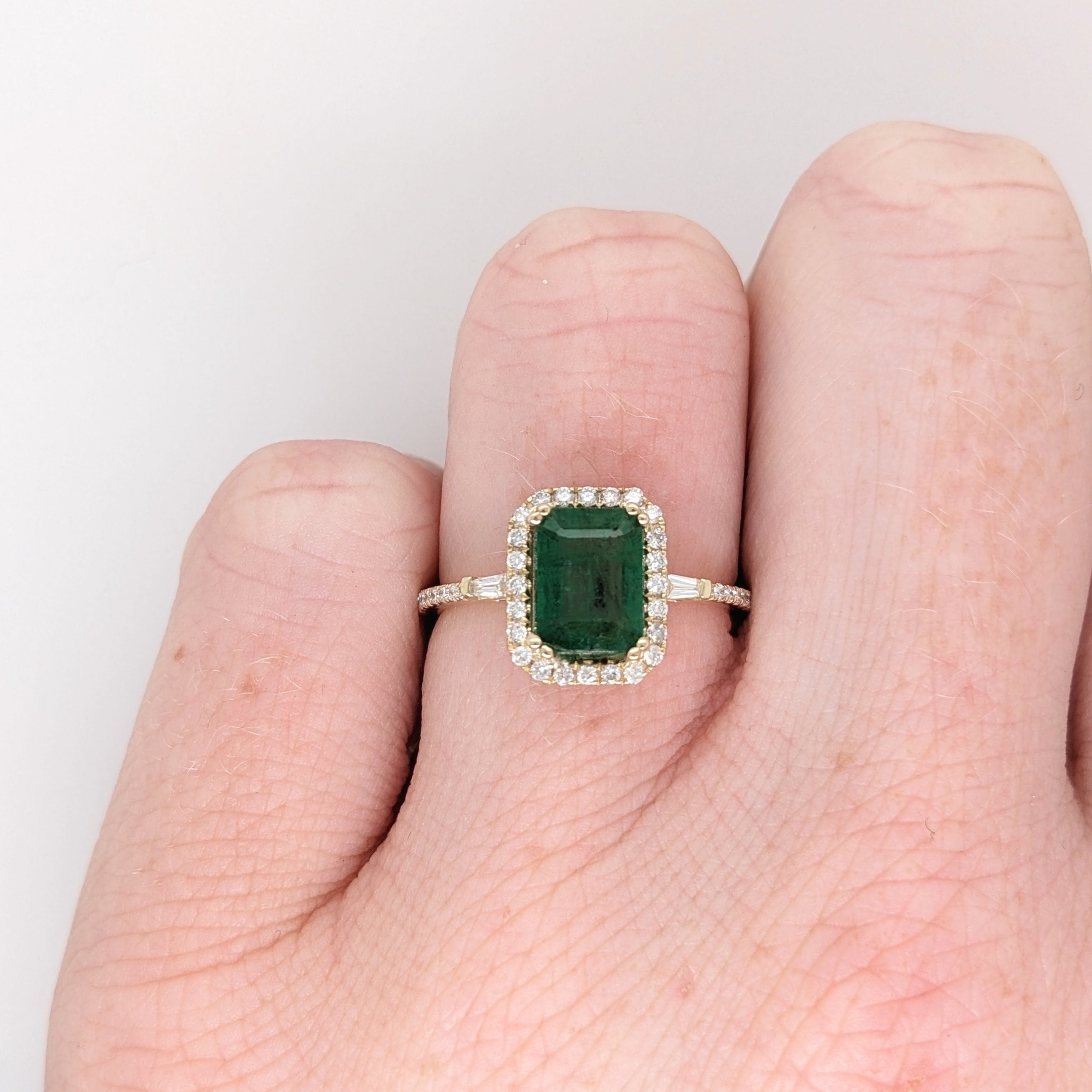 Dainty Emerald Ring in 14K Yellow Gold w a Natural Diamond Halo | Emerald Cut 8x6mm | May Birthstone | Daily Wear | Green Gemstone Ring