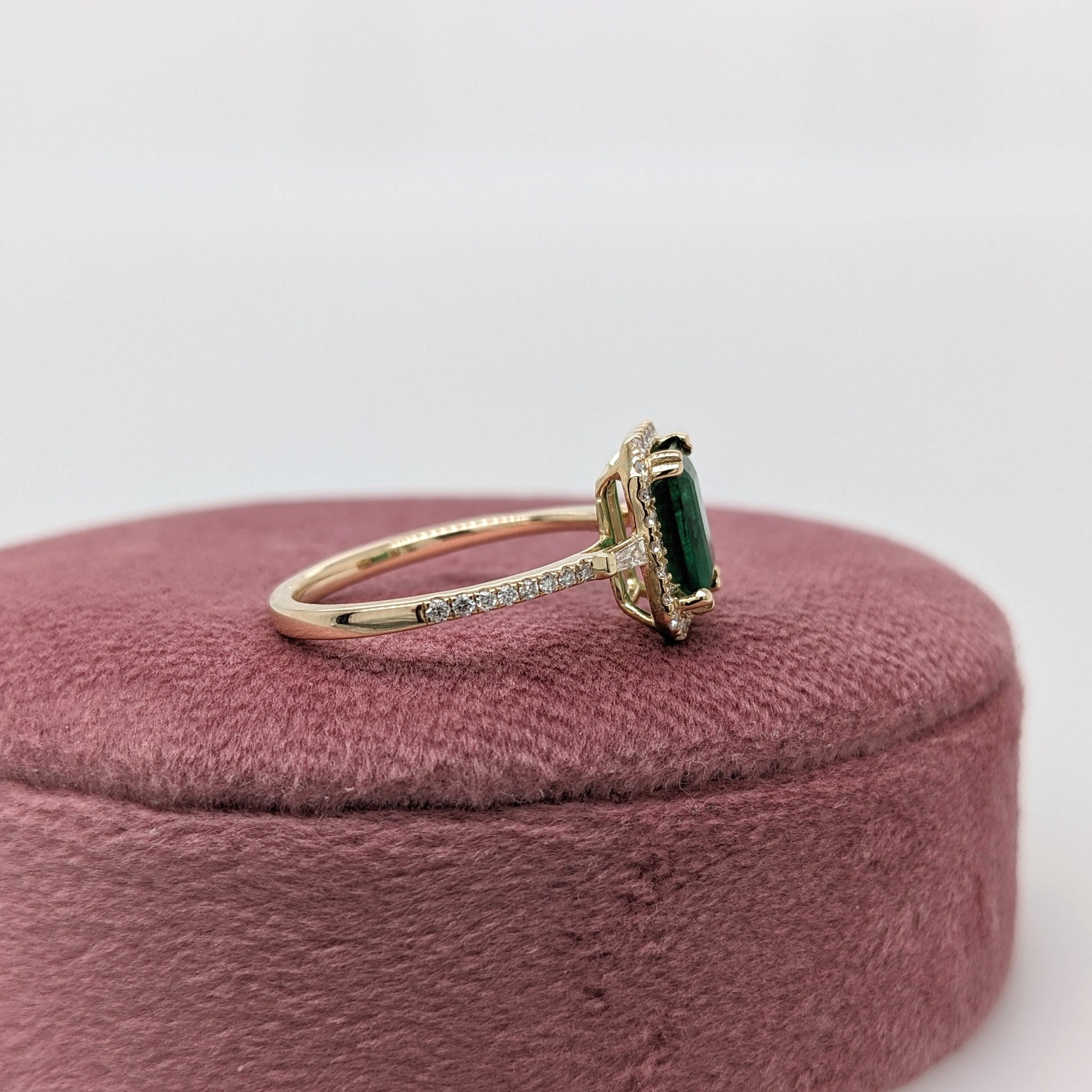 Dainty Emerald Ring in 14K Yellow Gold w a Natural Diamond Halo | Emerald Cut 8x6mm | May Birthstone | Daily Wear | Green Gemstone Ring