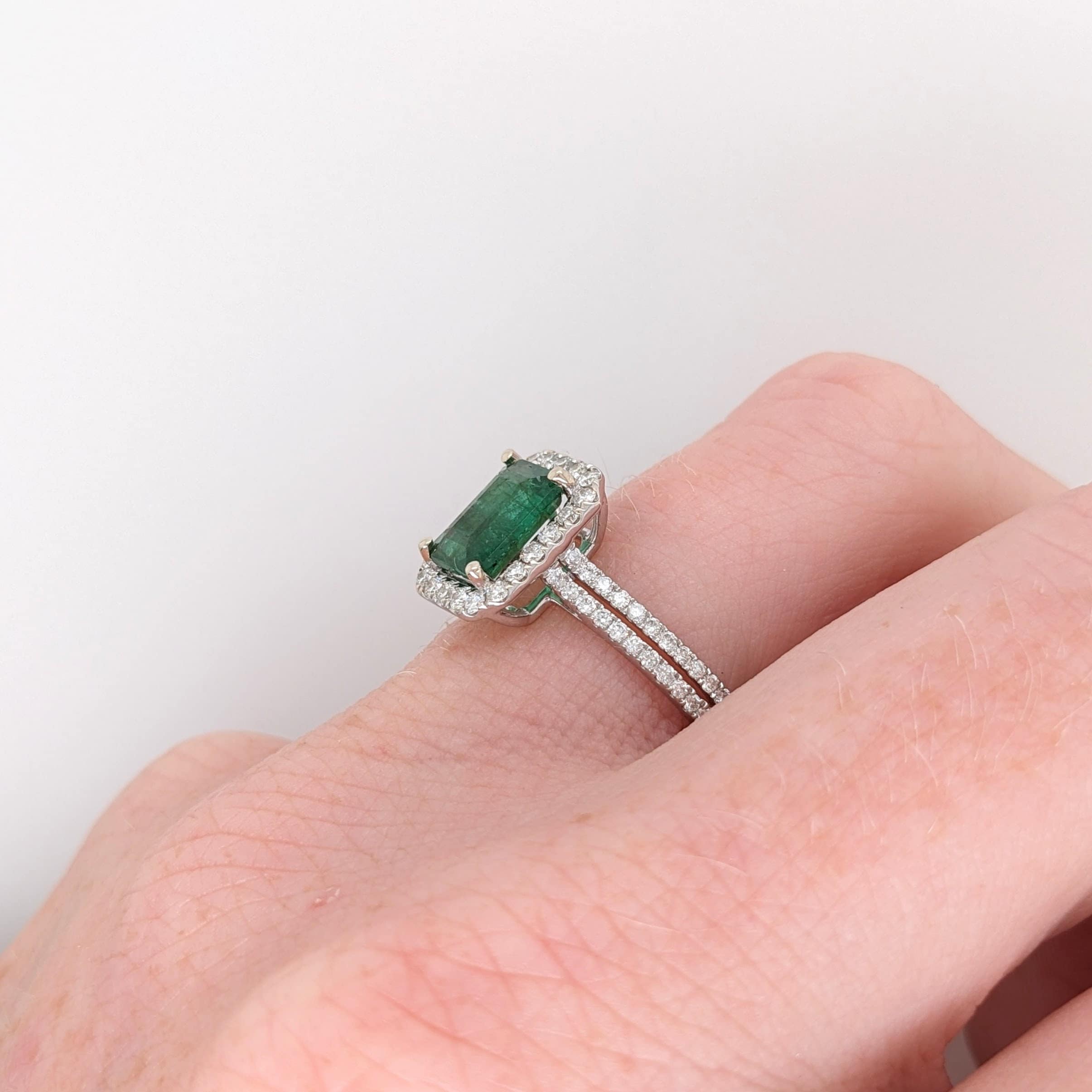Split Shank Emerald Ring in 14K White Gold w a Natural Diamond Halo | Emerald Cut 8x6mm | May Birthstone | Daily Wear | Green Gemstone Ring