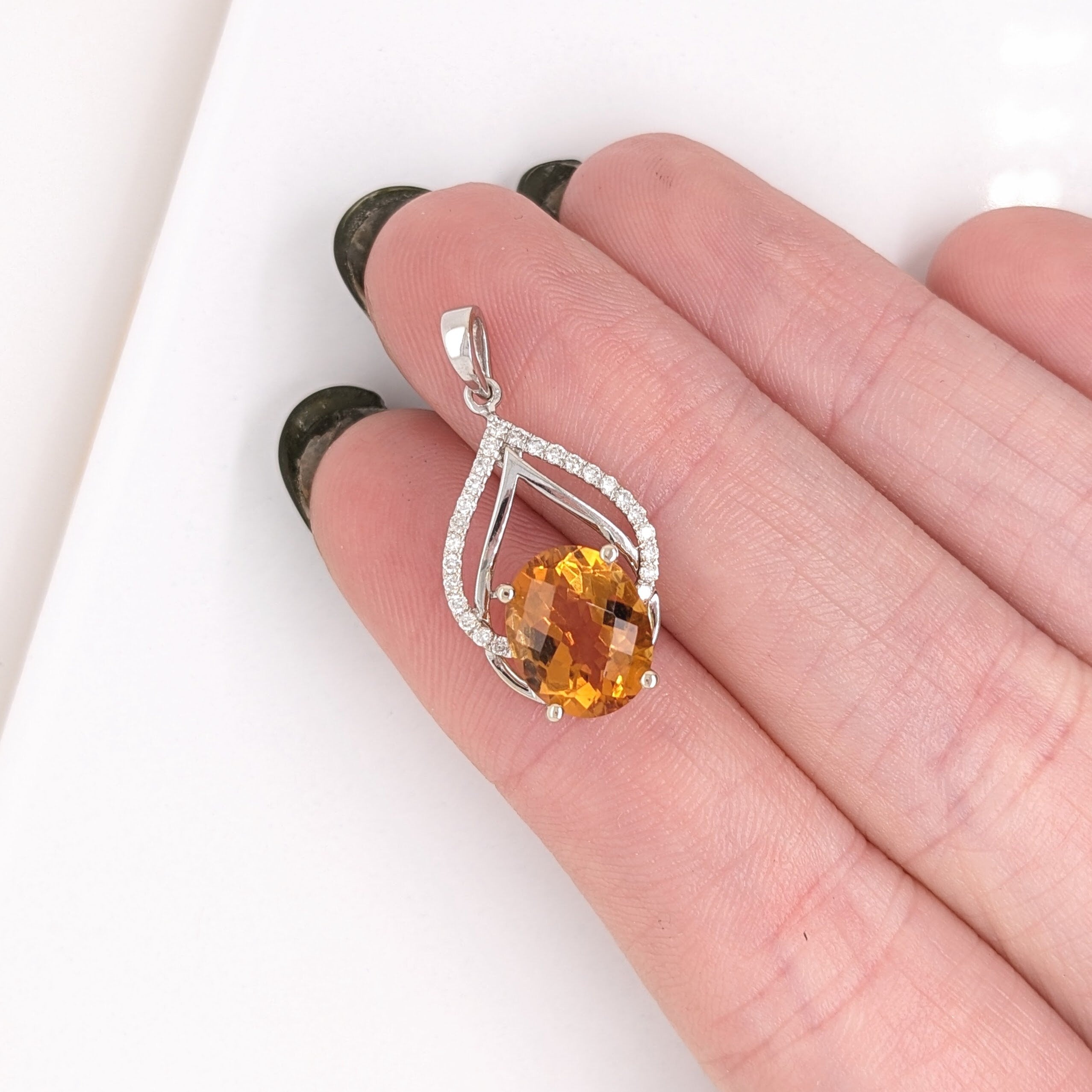 Glowing Citrine Pendant w Natural Diamond Accents in Solid 14K White Gold | Oval 10x8mm | November Birthstone | Orange Gemstones | Fall