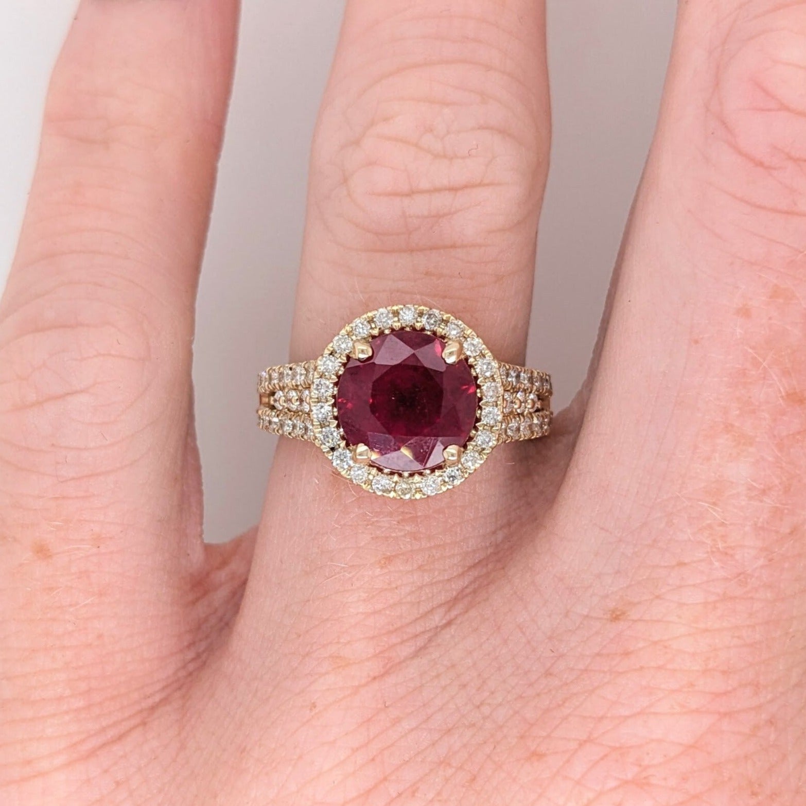 Gorgeous Red Ruby Ring with a Split Shank and Natural Diamond Halo in Solid 14k Yellow | Round 9mm | July Birthstone | Real Gemstone Jewelry