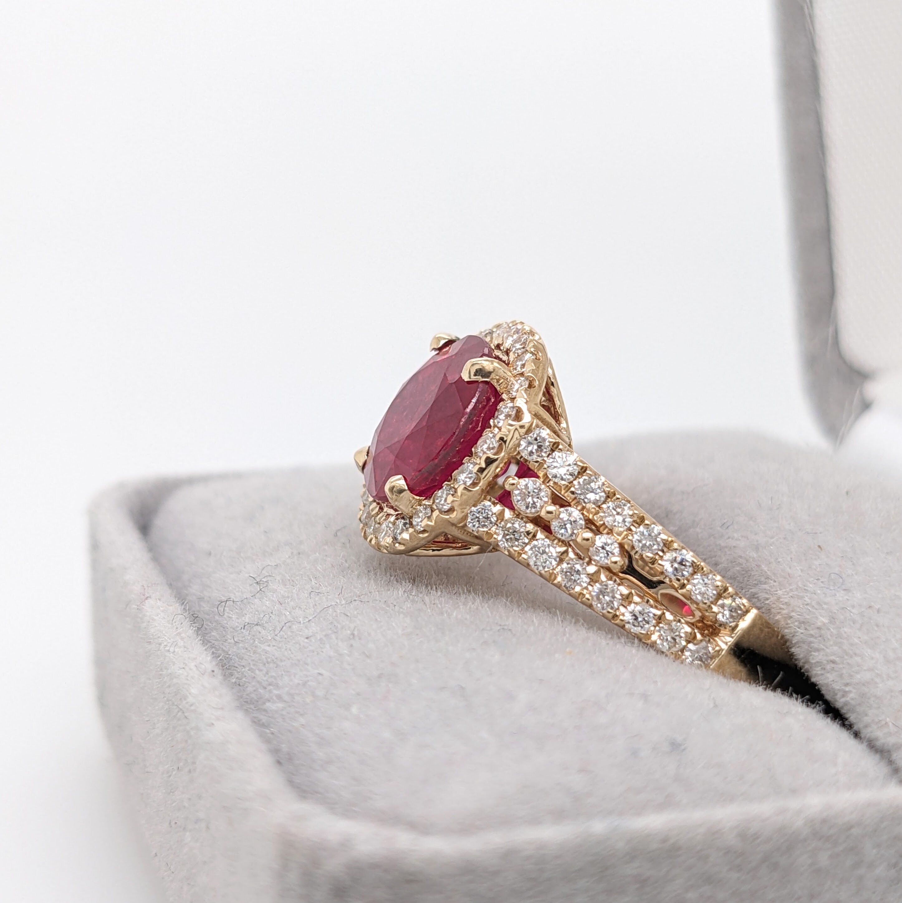 Gorgeous Red Ruby Ring with a Split Shank and Natural Diamond Halo in Solid 14k Yellow | Round 9mm | July Birthstone | Real Gemstone Jewelry