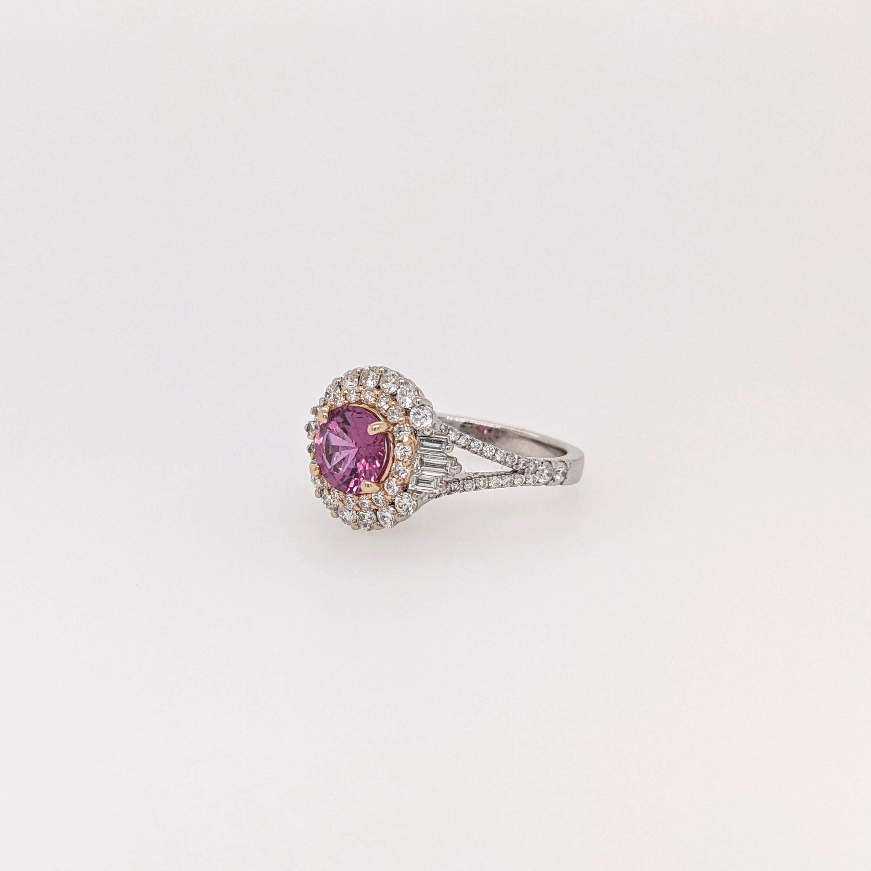 Pink Sapphire Ring with a Double Halo of Natural Diamonds in Dual Tones of Solid 14k Gold | Round 7mm | Baguette Diamond Accents | Statement