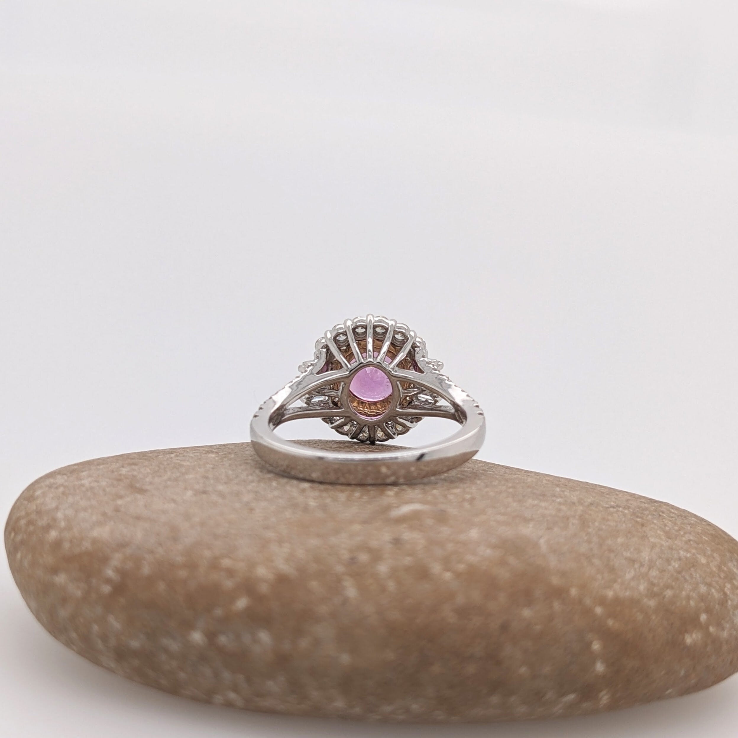 Pink Sapphire Ring with a Double Halo of Natural Diamonds in Dual Tones of Solid 14k Gold | Round 7mm | Baguette Diamond Accents | Statement