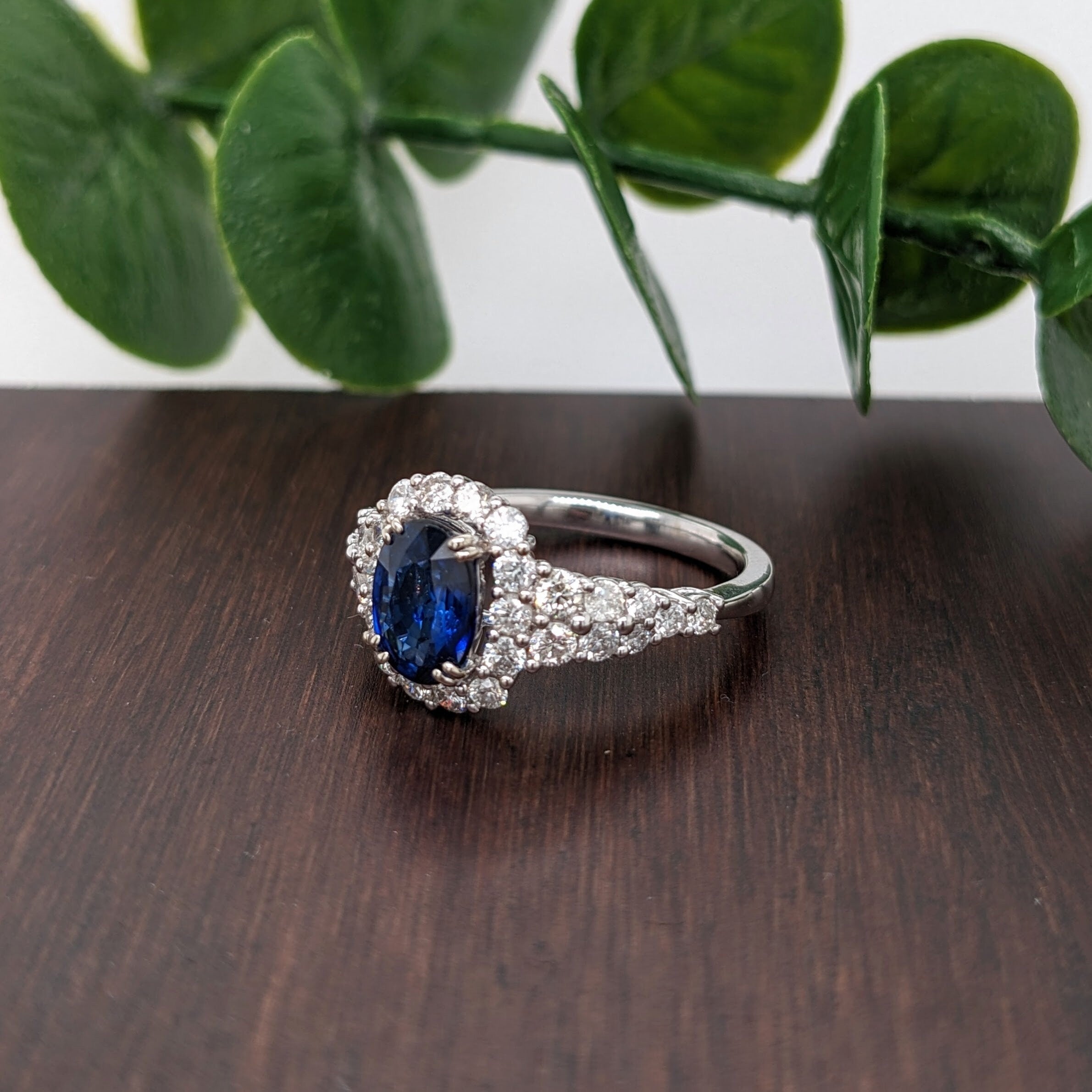 Pretty Oval Sapphire Ring w Natural Diamond Halo in Solid 14k White Gold | Blue Gemstone | Oval 7x5mm | Customizable | September Birthstone