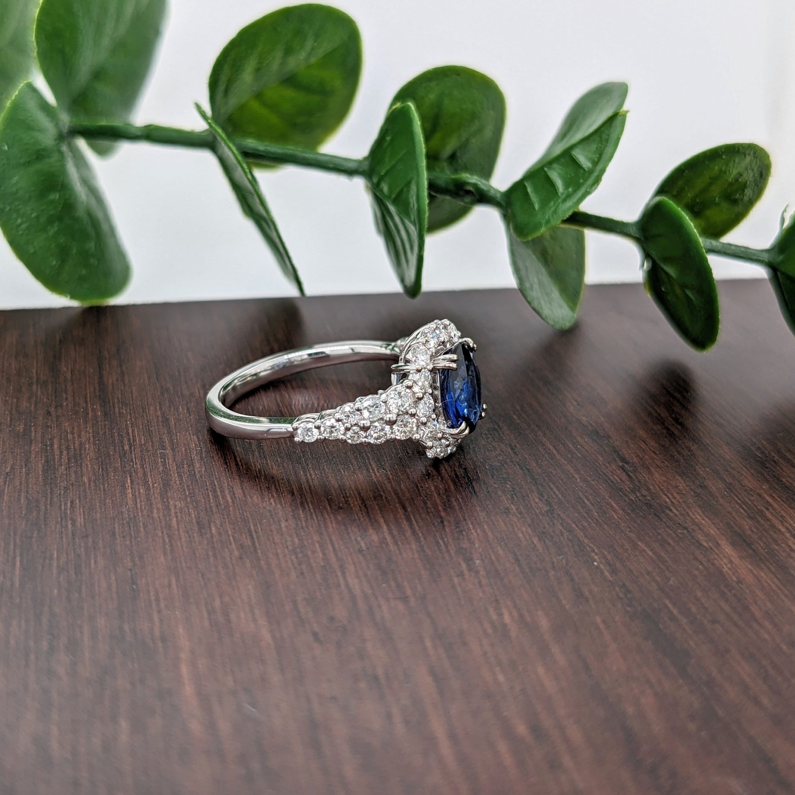 Pretty Oval Sapphire Ring w Natural Diamond Halo in Solid 14k White Gold | Blue Gemstone | Oval 7x5mm | Customizable | September Birthstone