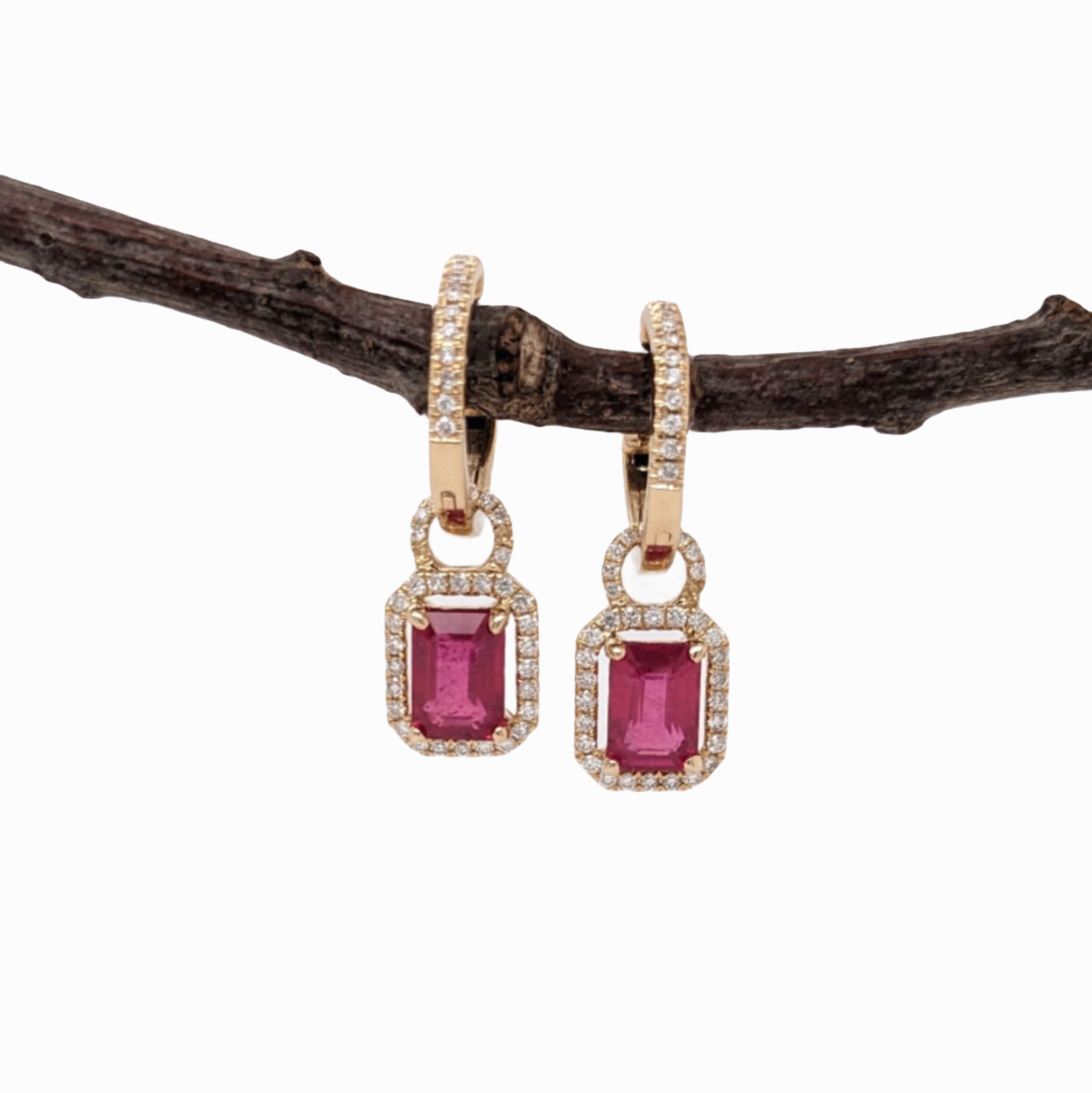 Lovely Dangle Red Ruby Earrings in 14k Solid Yellow Gold with Natural Diamond Accents | Emerald Cut 7x5mm | Red Gemstones | July Birthstone